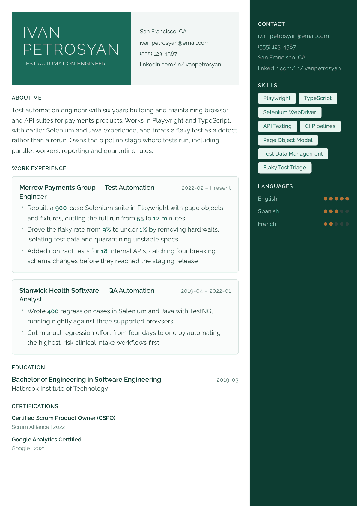 Test Automation Engineer resume example, Aurora template