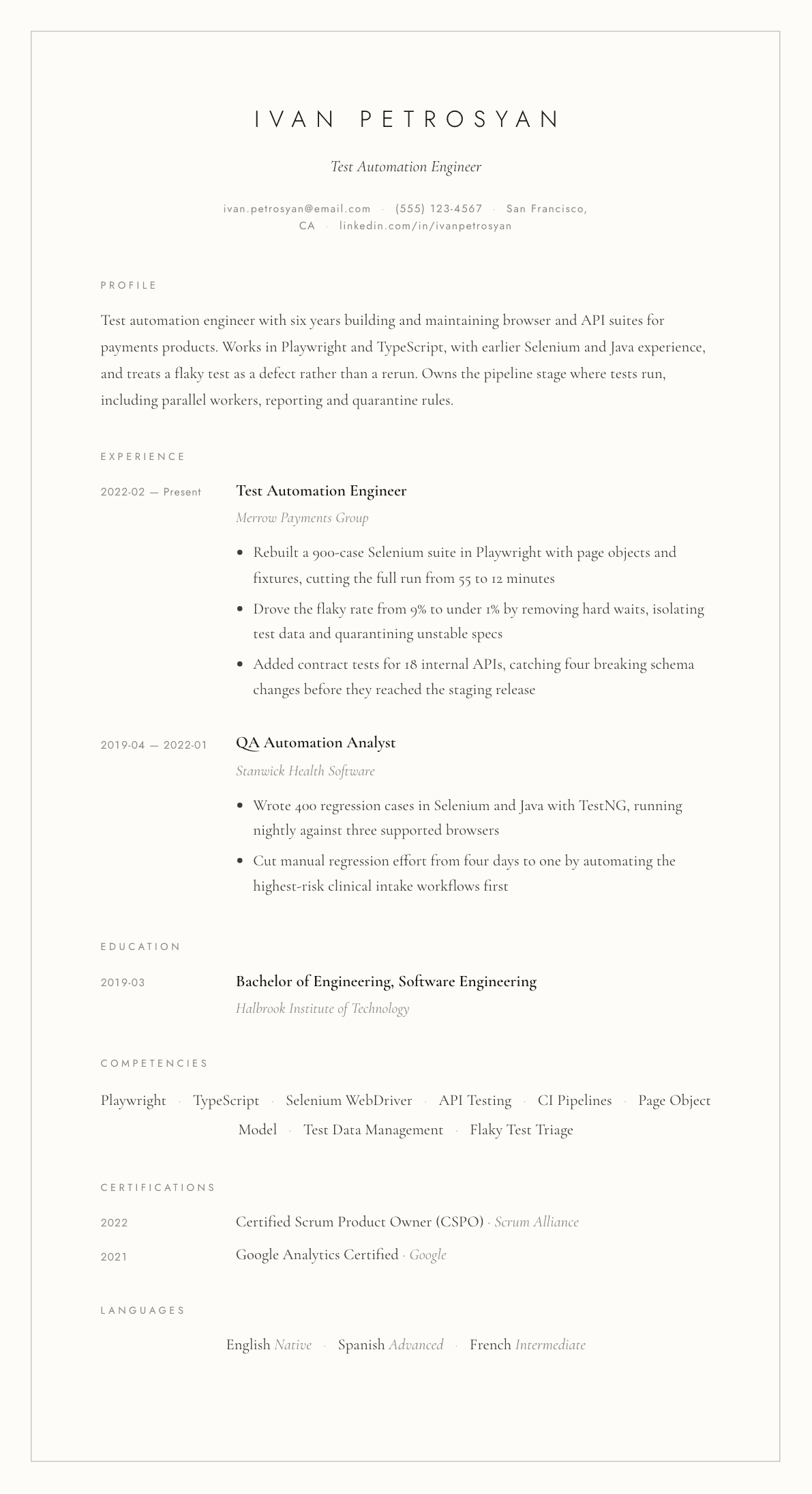 Test Automation Engineer resume example, Vellum template