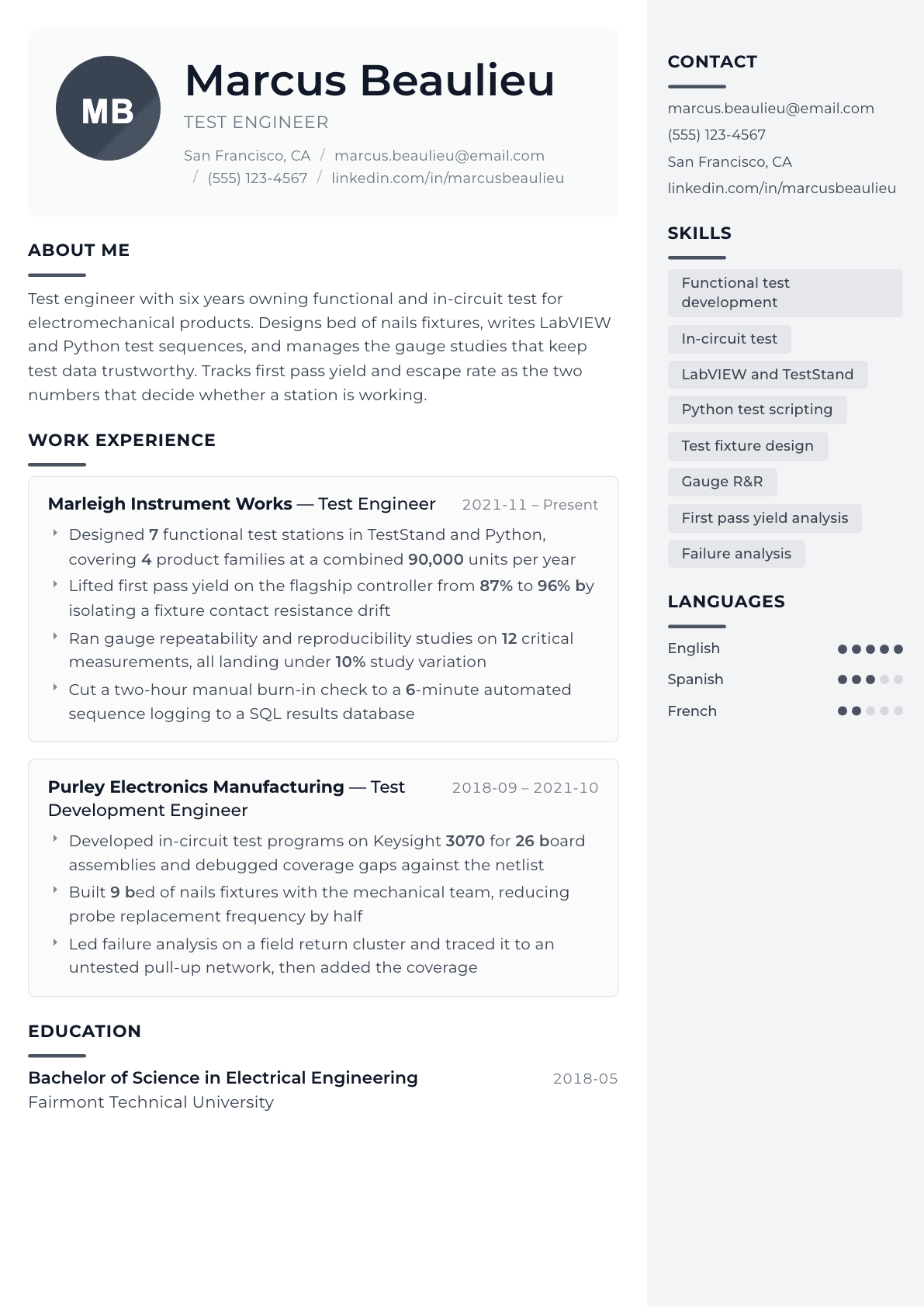 Test Engineer resume example, Metropolitan template