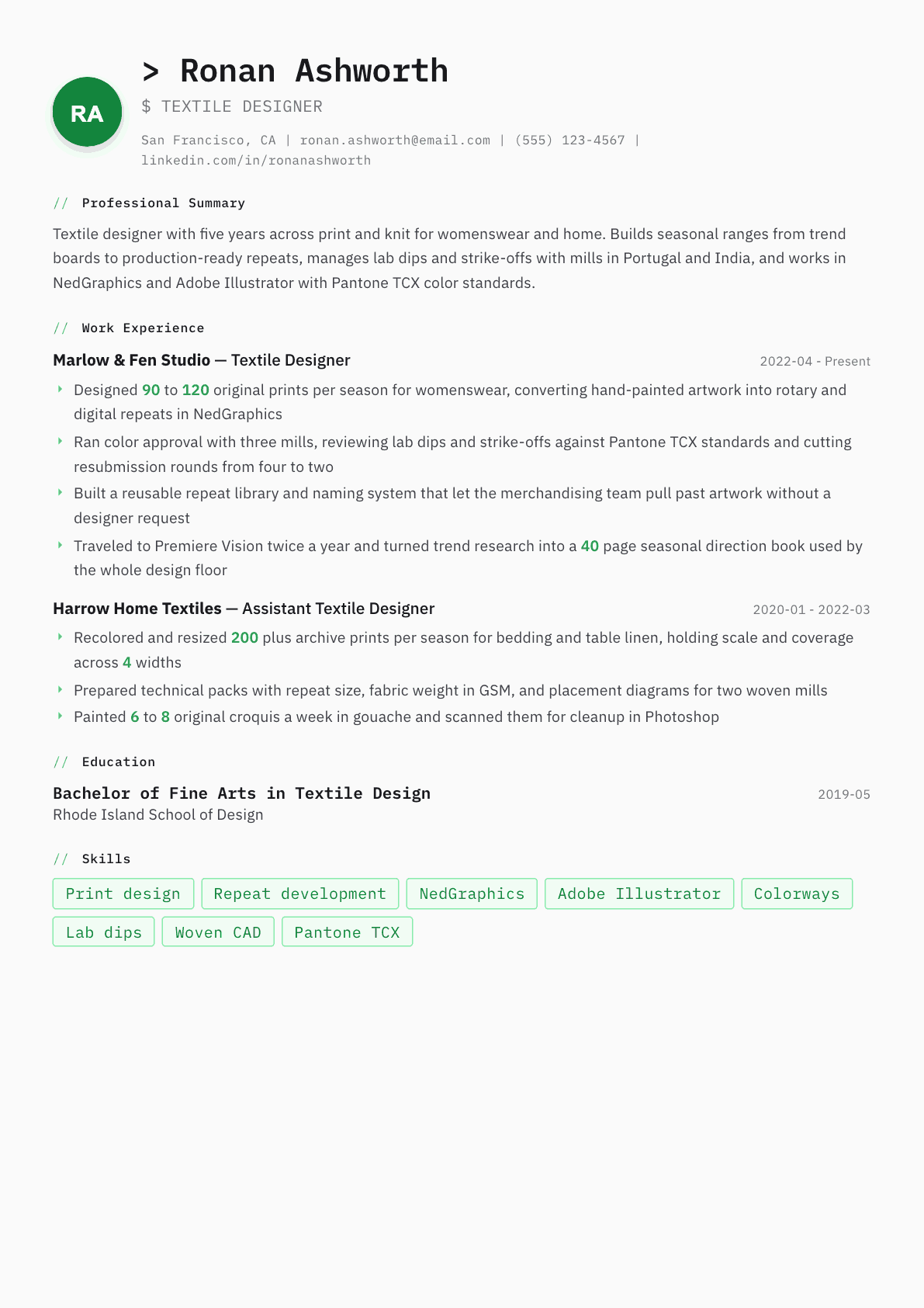 Textile Designer resume example, Amsterdam template