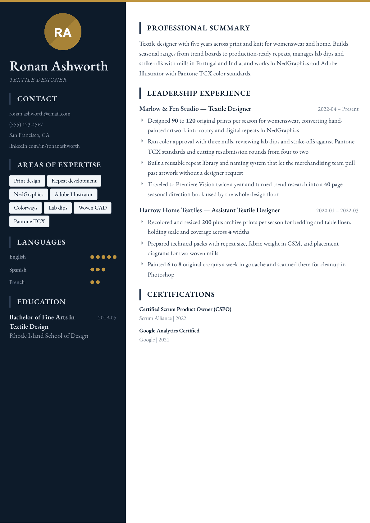 Textile Designer resume example, Presidio template