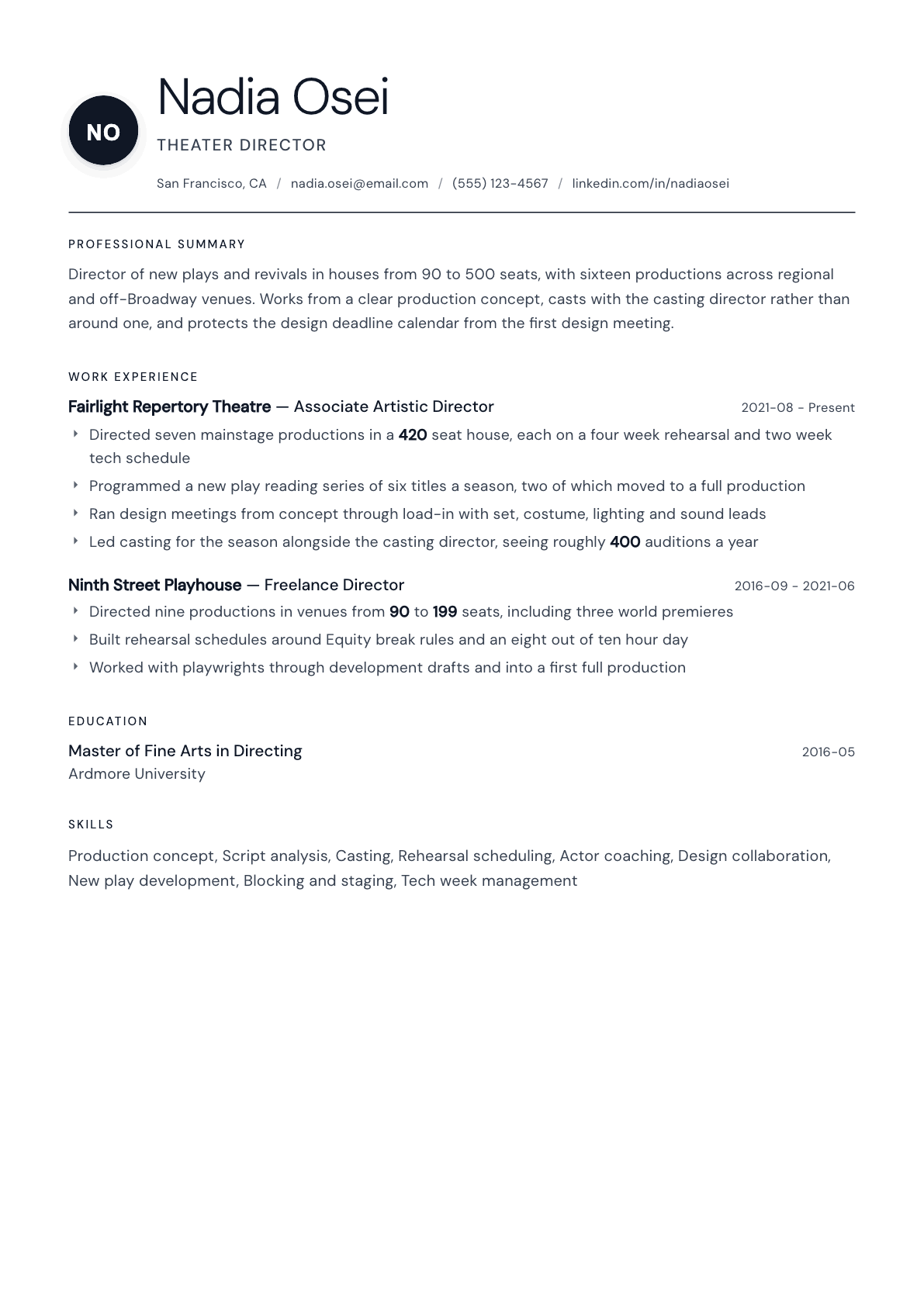 Theater Director resume example, Stockholm template