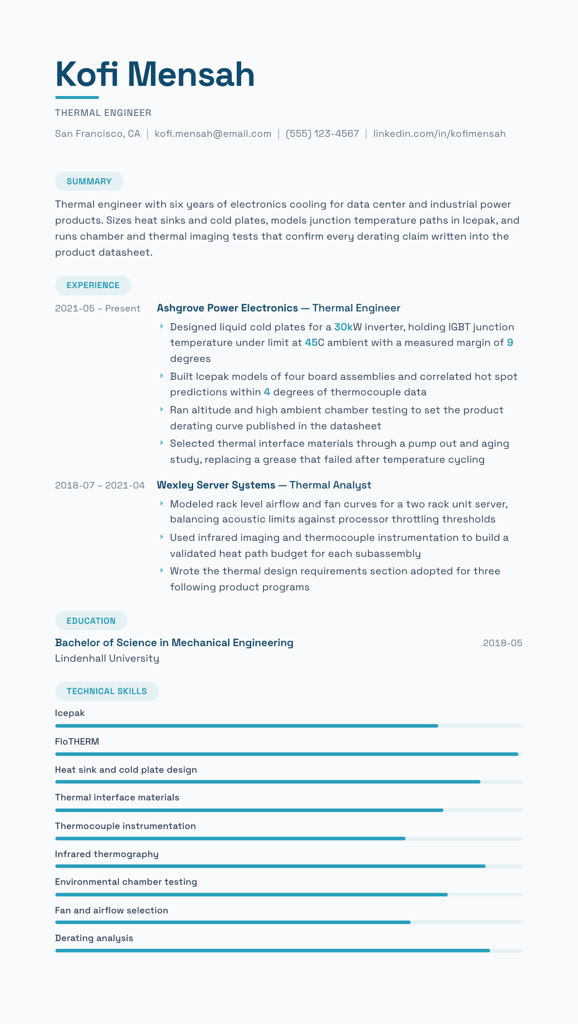 Thermal Engineer resume example, Horizon template