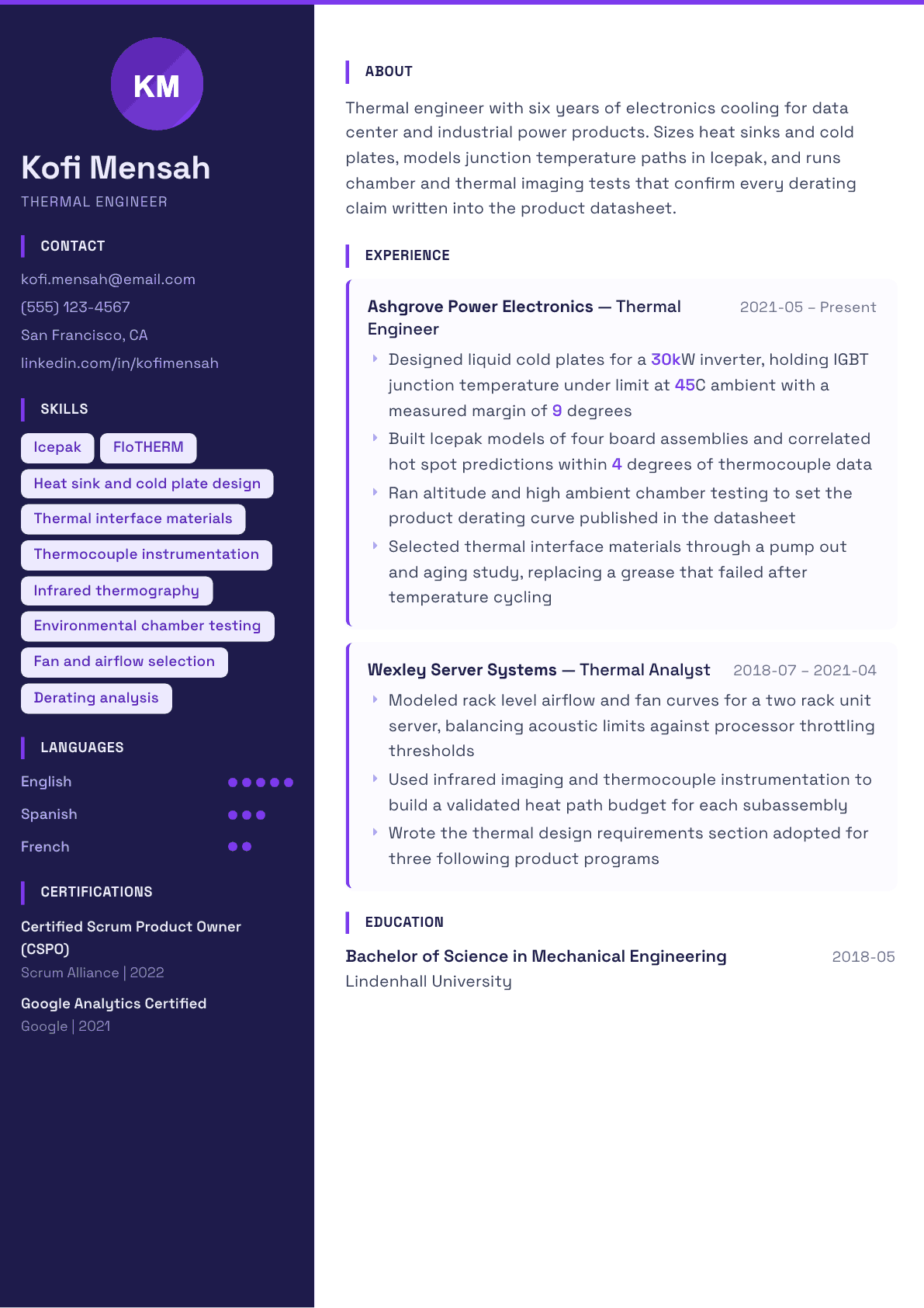 Thermal Engineer resume example, Solstice template