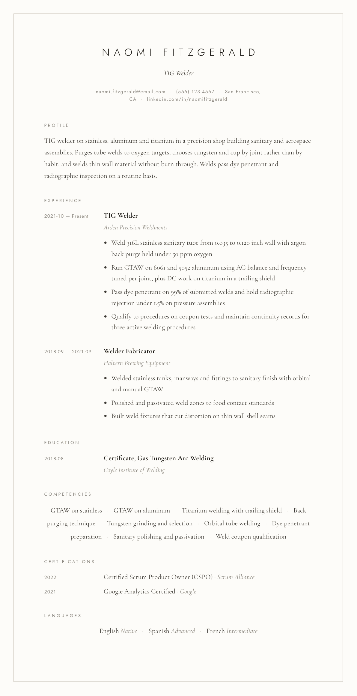TIG Welder resume example, Vellum template