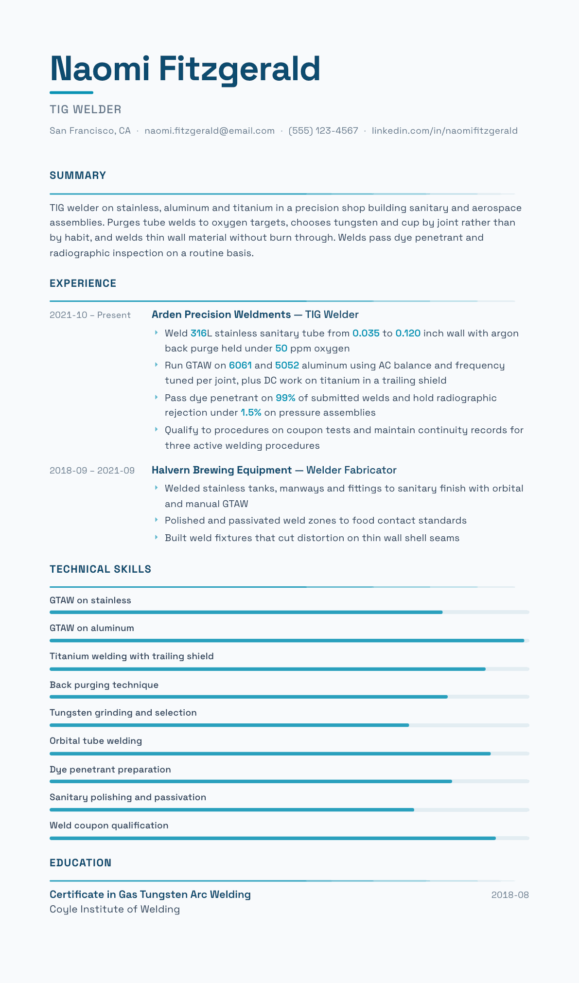 TIG Welder resume example, Velocity template