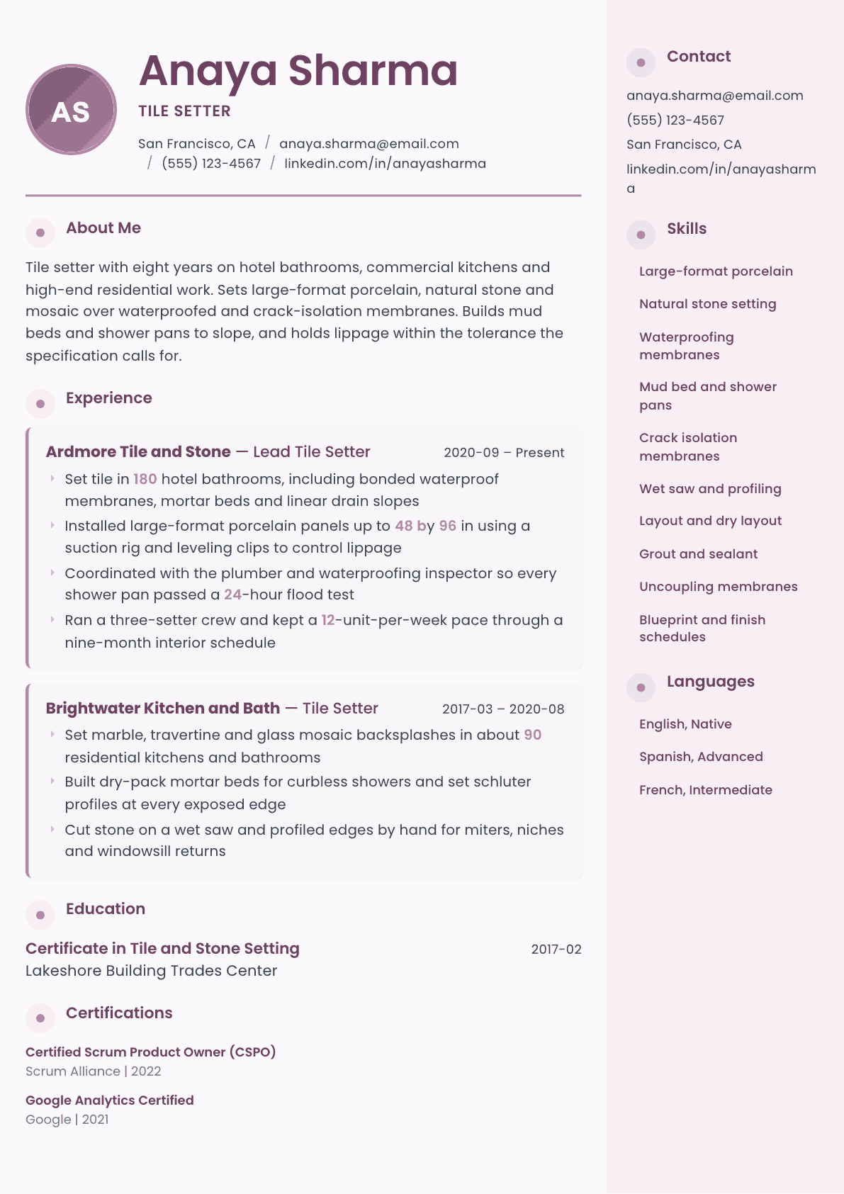 Tile Setter resume example, Bloom template