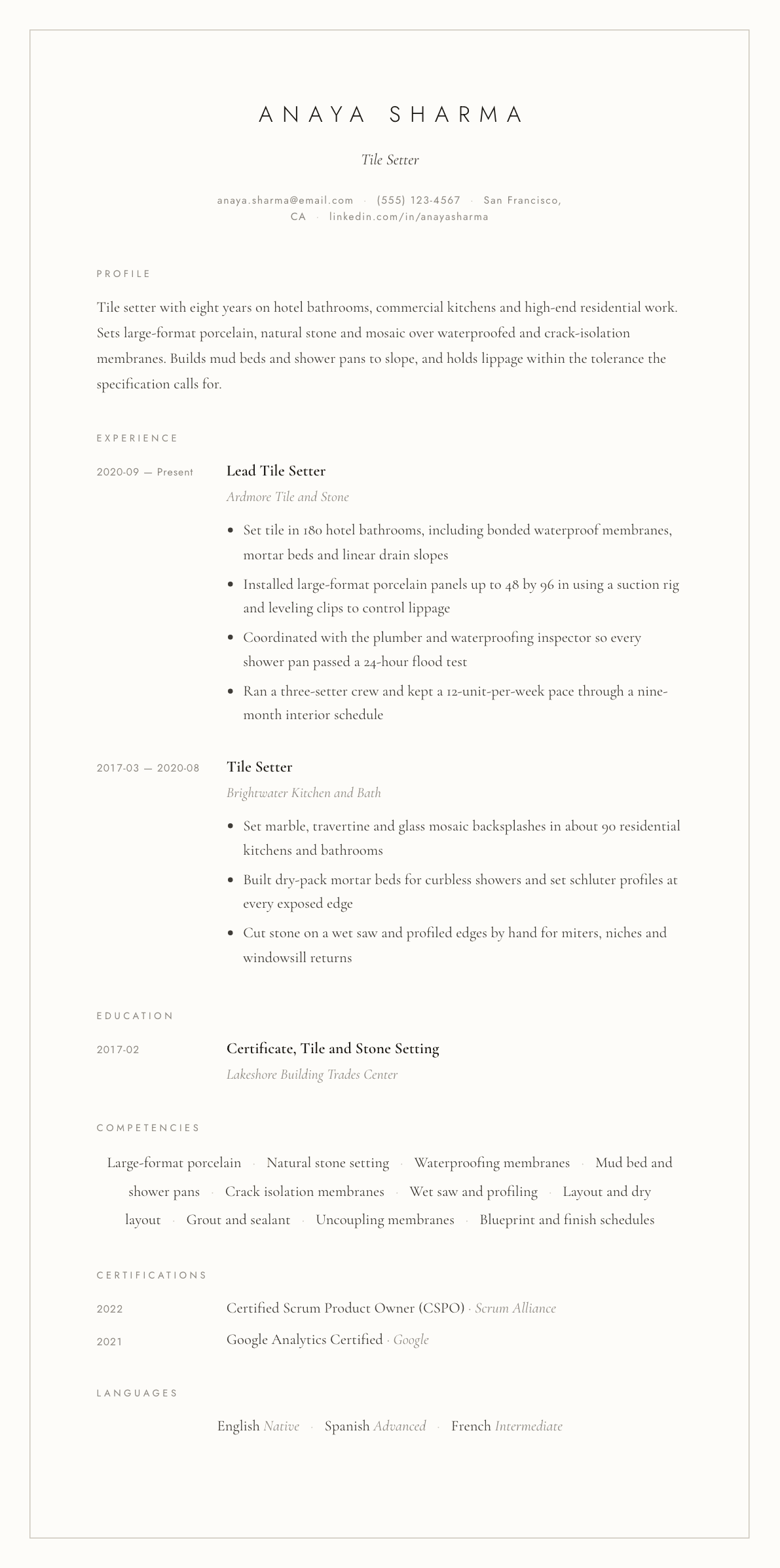 Tile Setter resume example, Vellum template