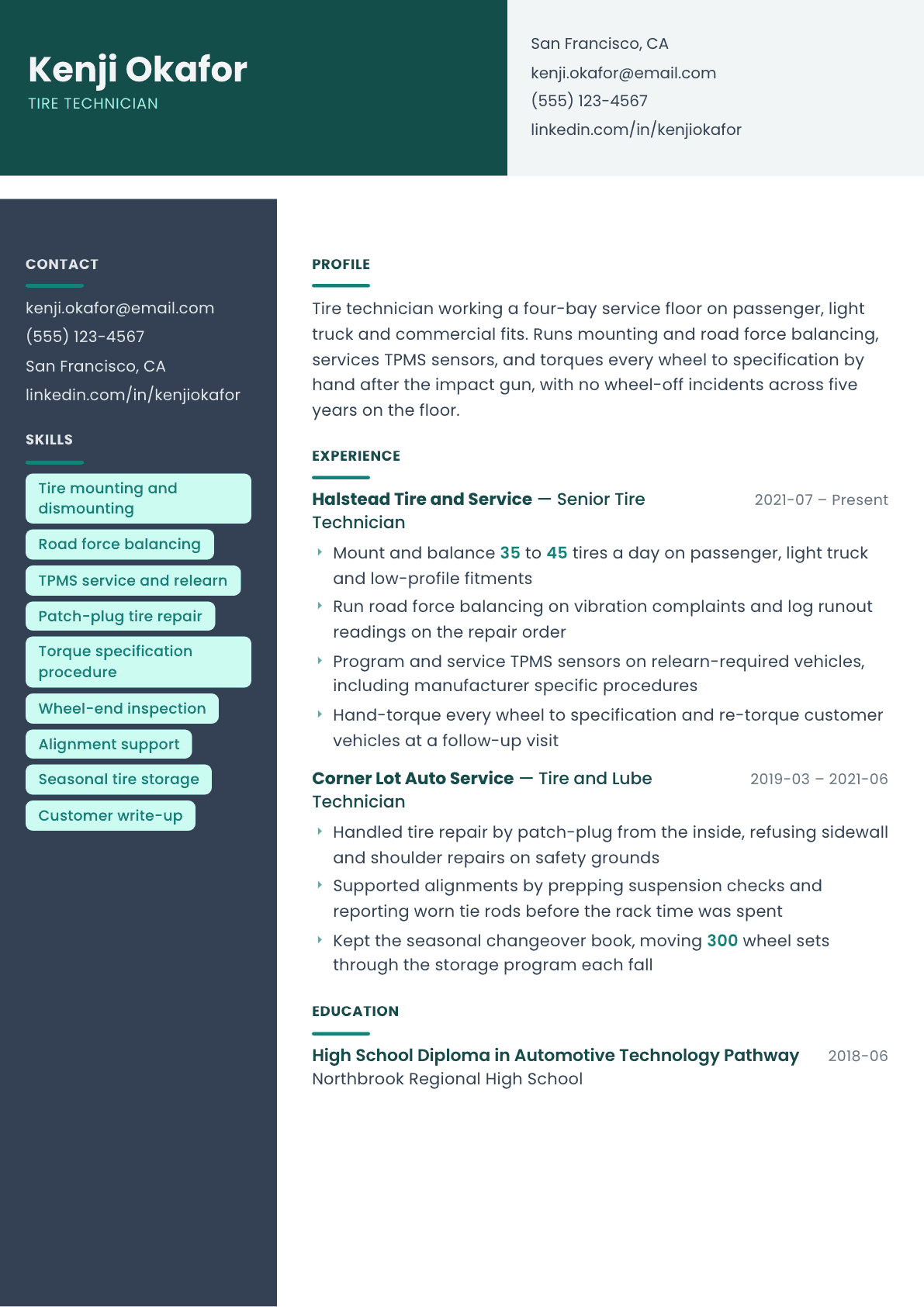 Tire Technician resume example, Spectrum template