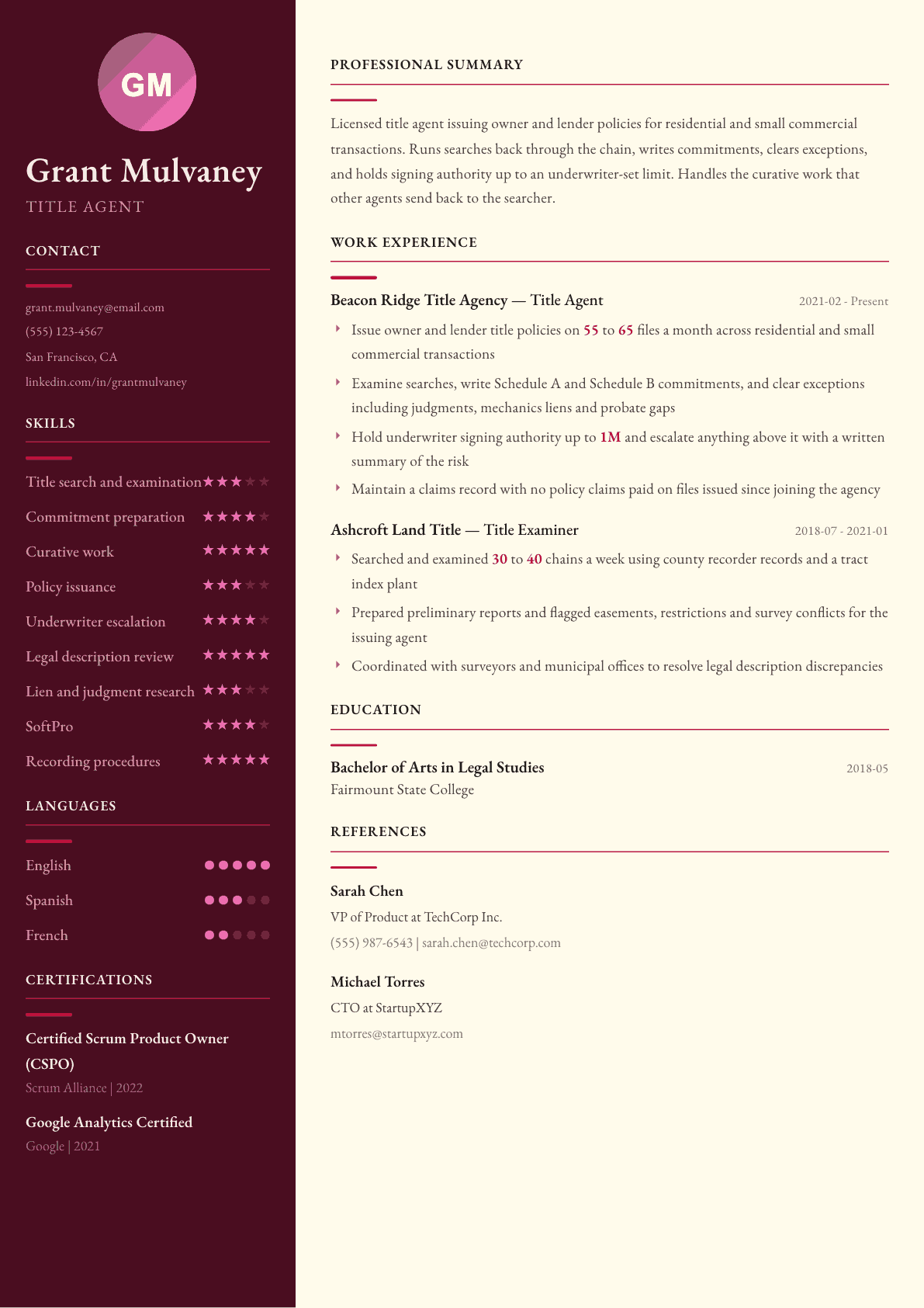 Title Agent resume example, Dubai template