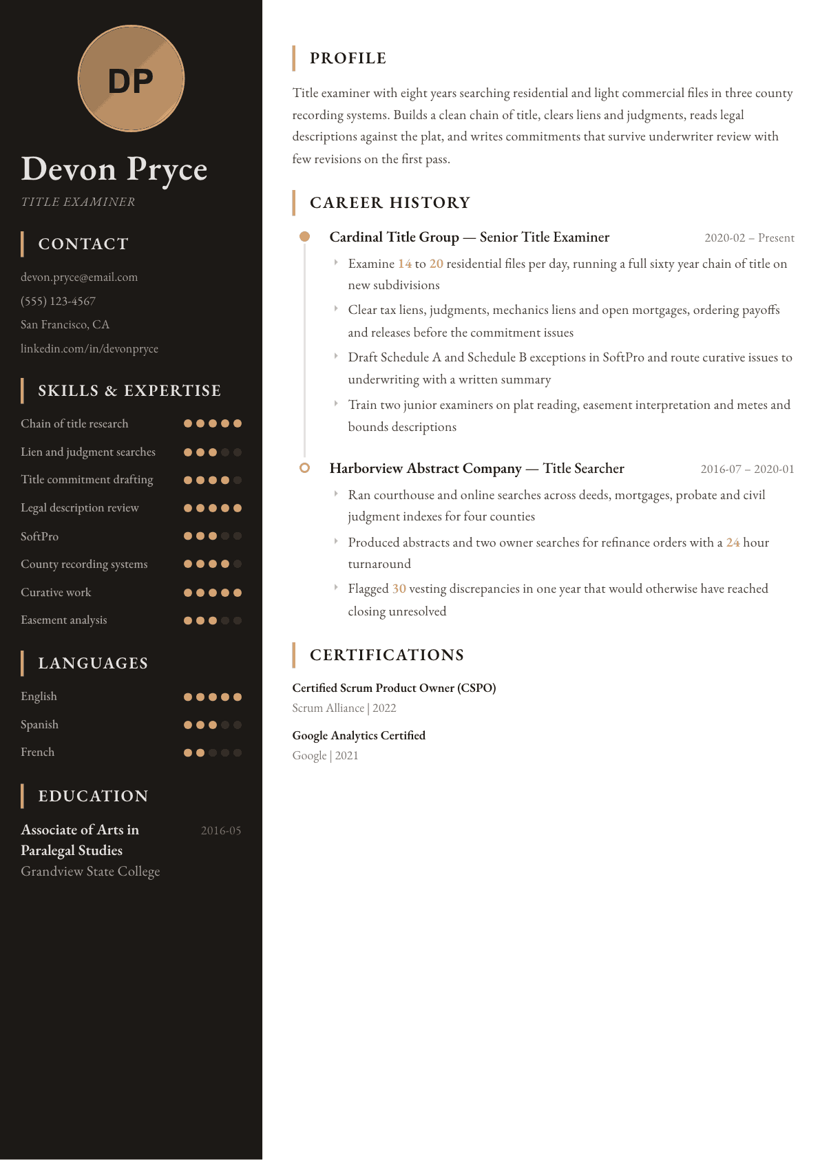 Title Examiner resume example, Heritage template