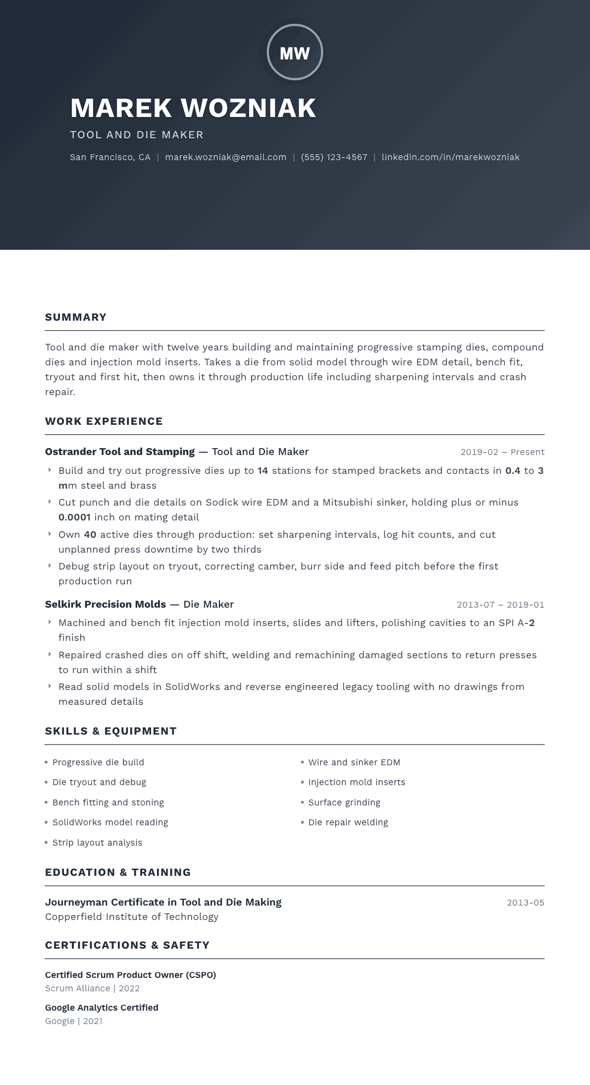 Tool and Die Maker resume example, Foundation template
