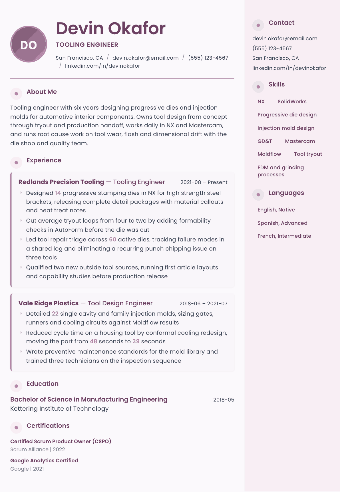 Tooling Engineer resume example, Bloom template