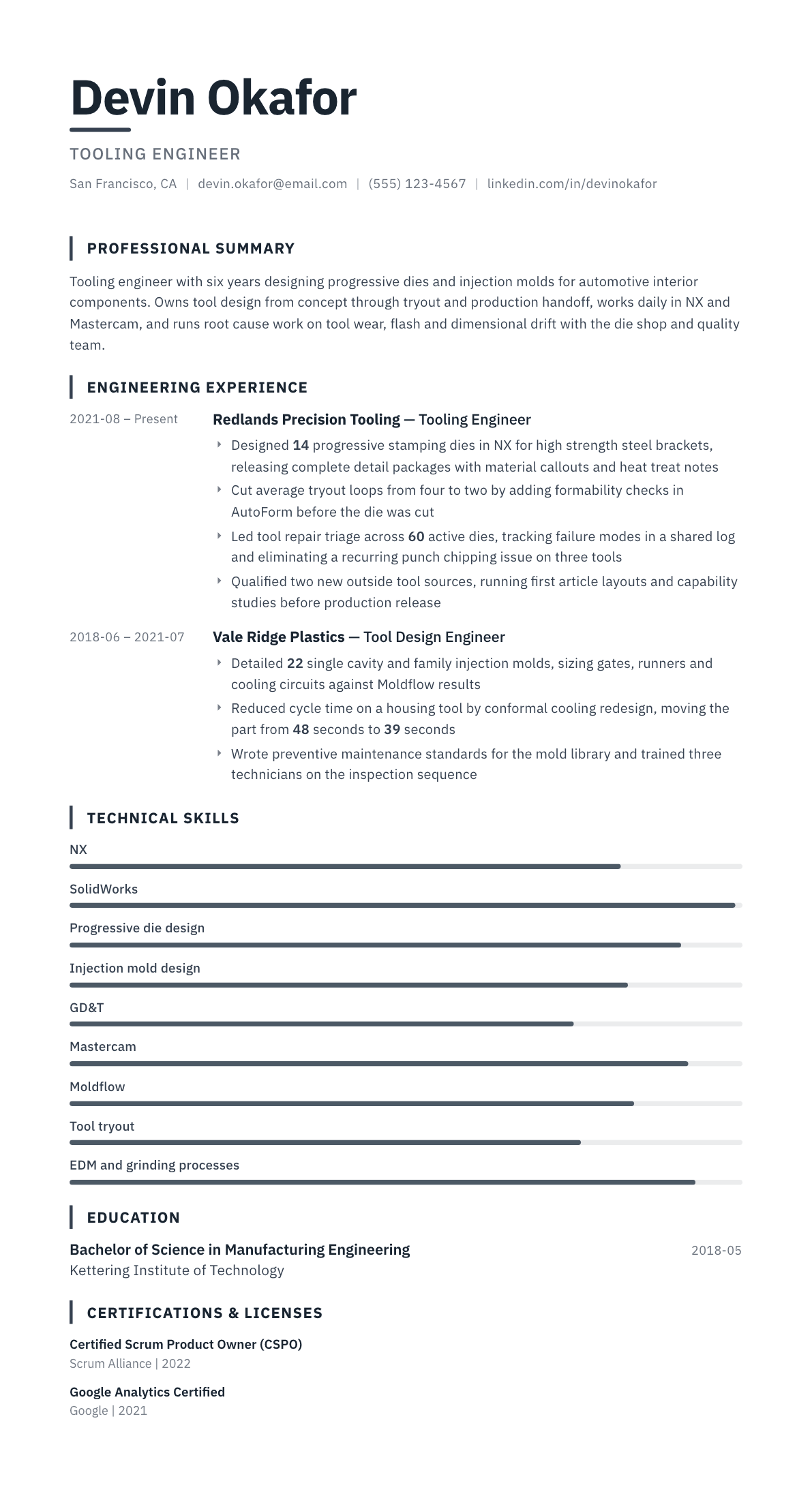 Tooling Engineer resume example, Blueprint template