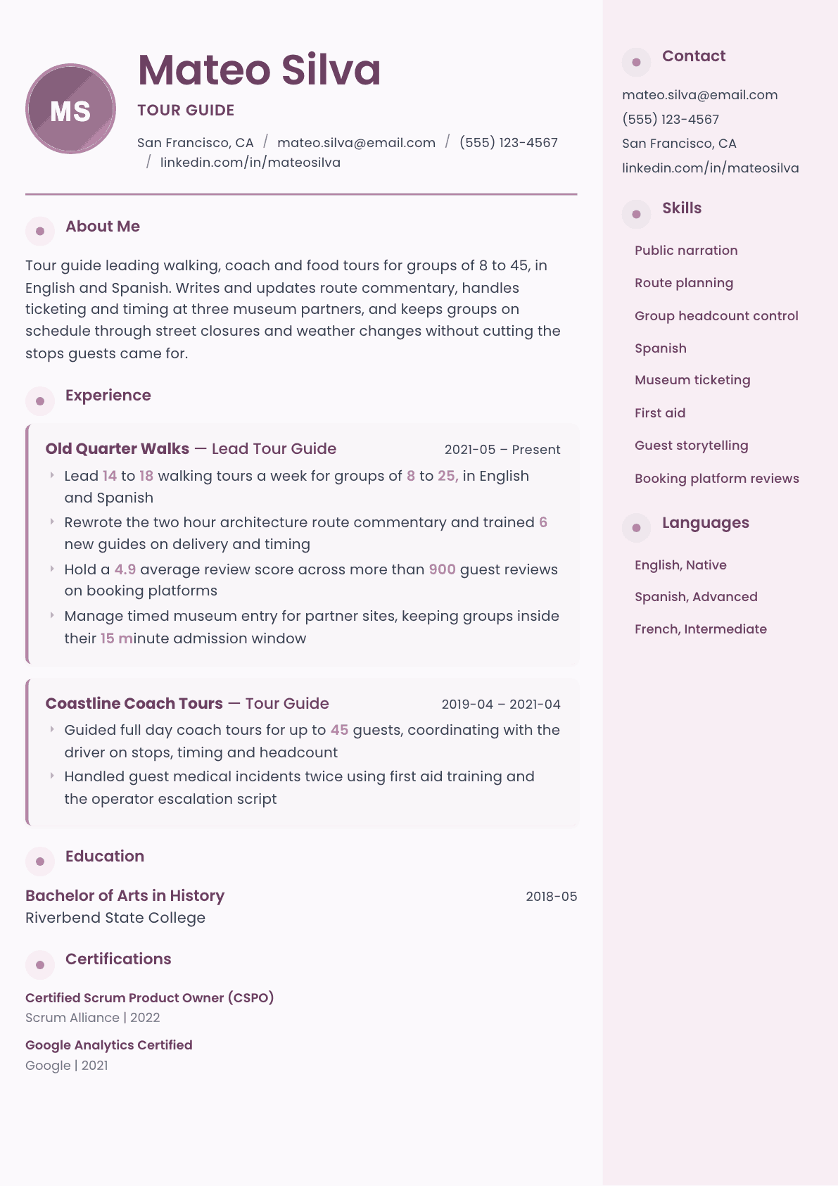 Tour Guide resume example, Bloom template