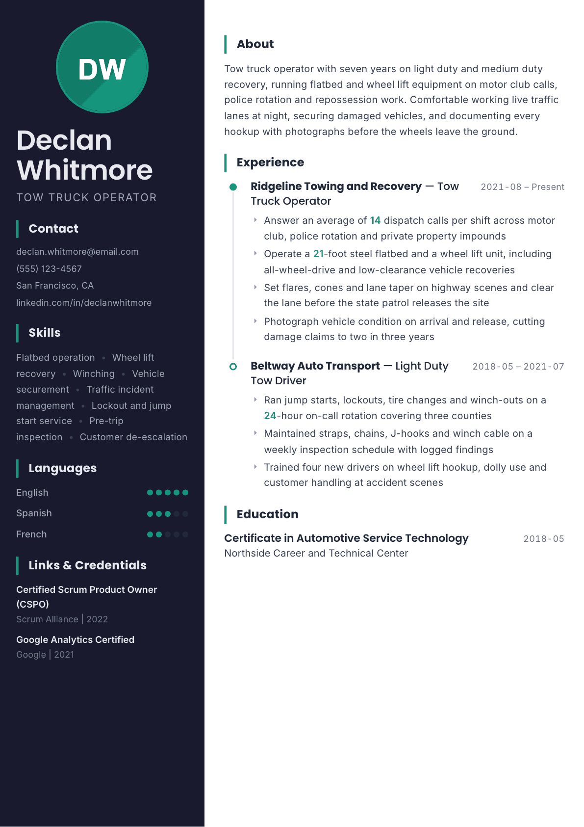 Tow Truck Driver resume example, Bapak template