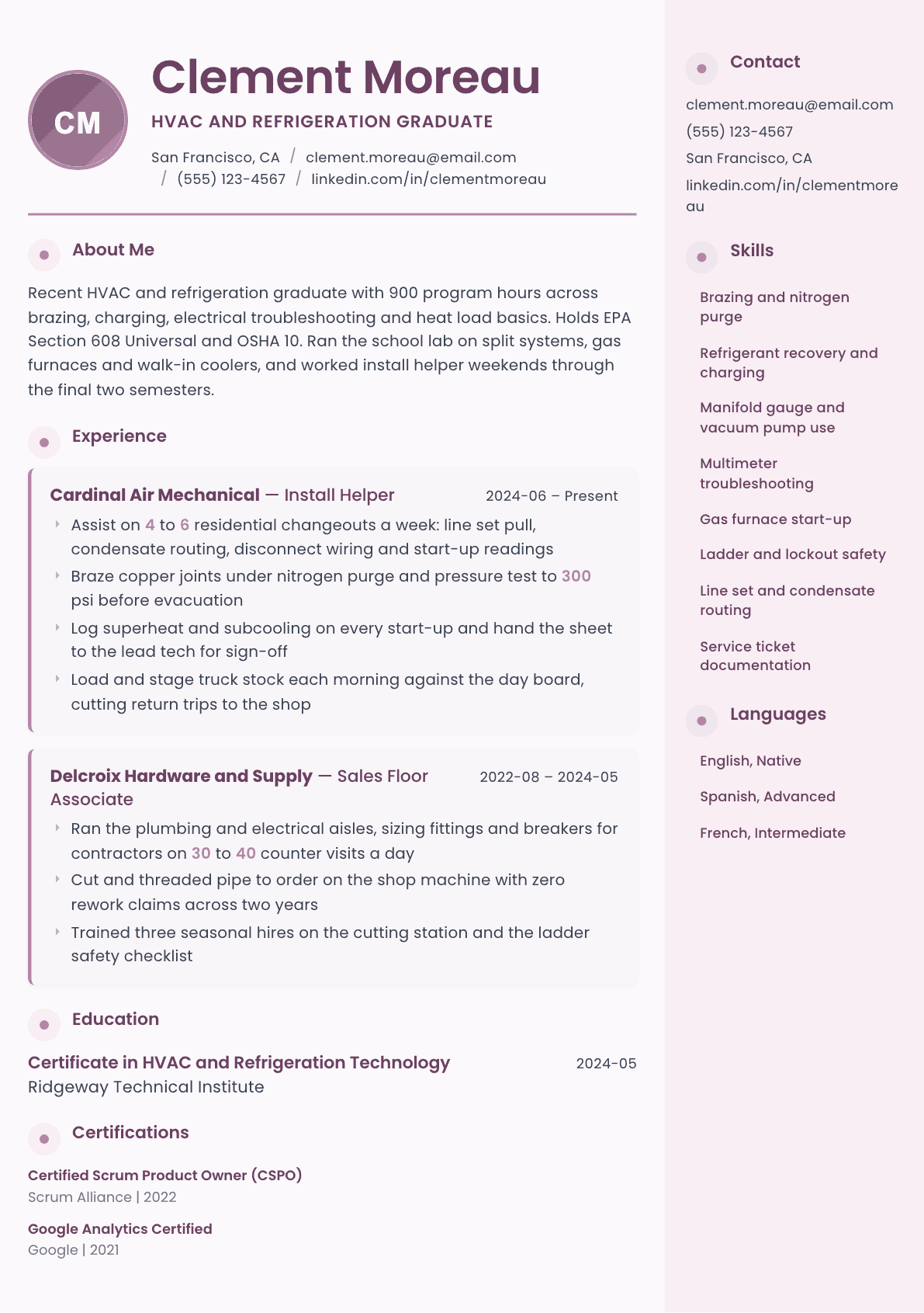 Trade School Graduate resume example, Bloom template
