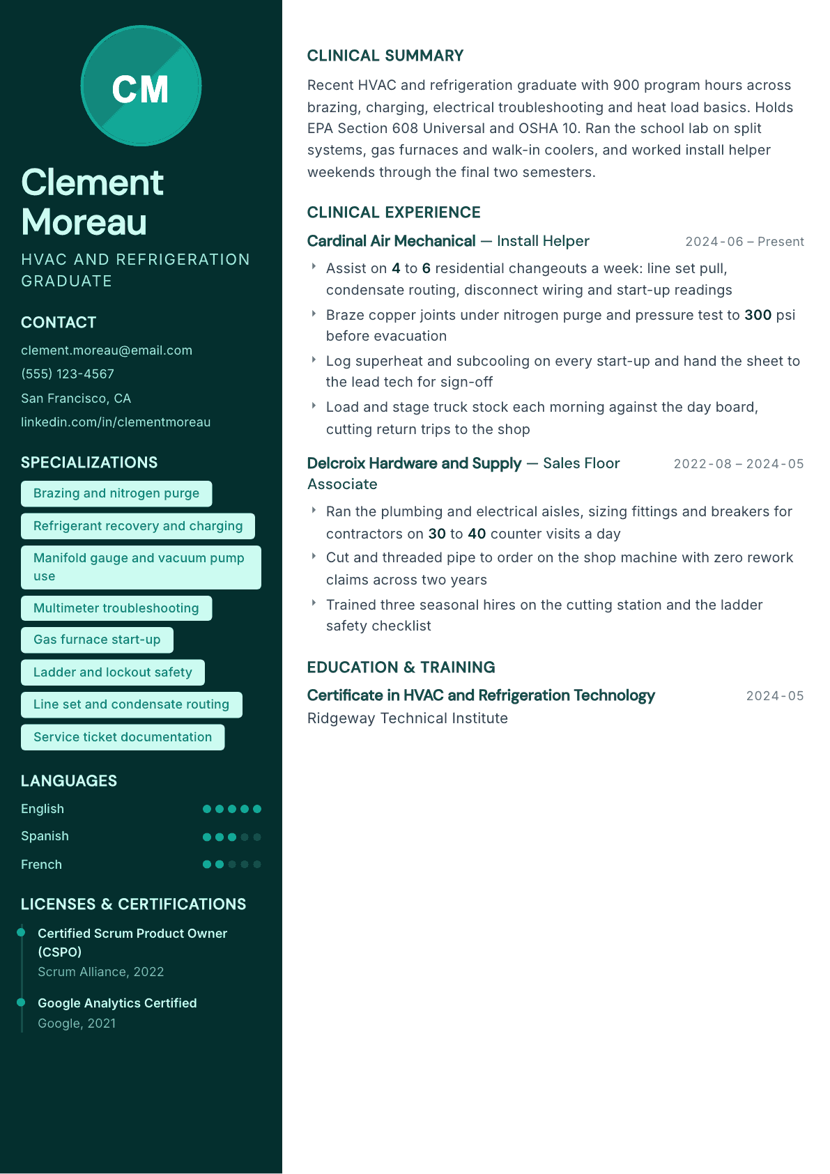 Trade School Graduate resume example, Vitalis template