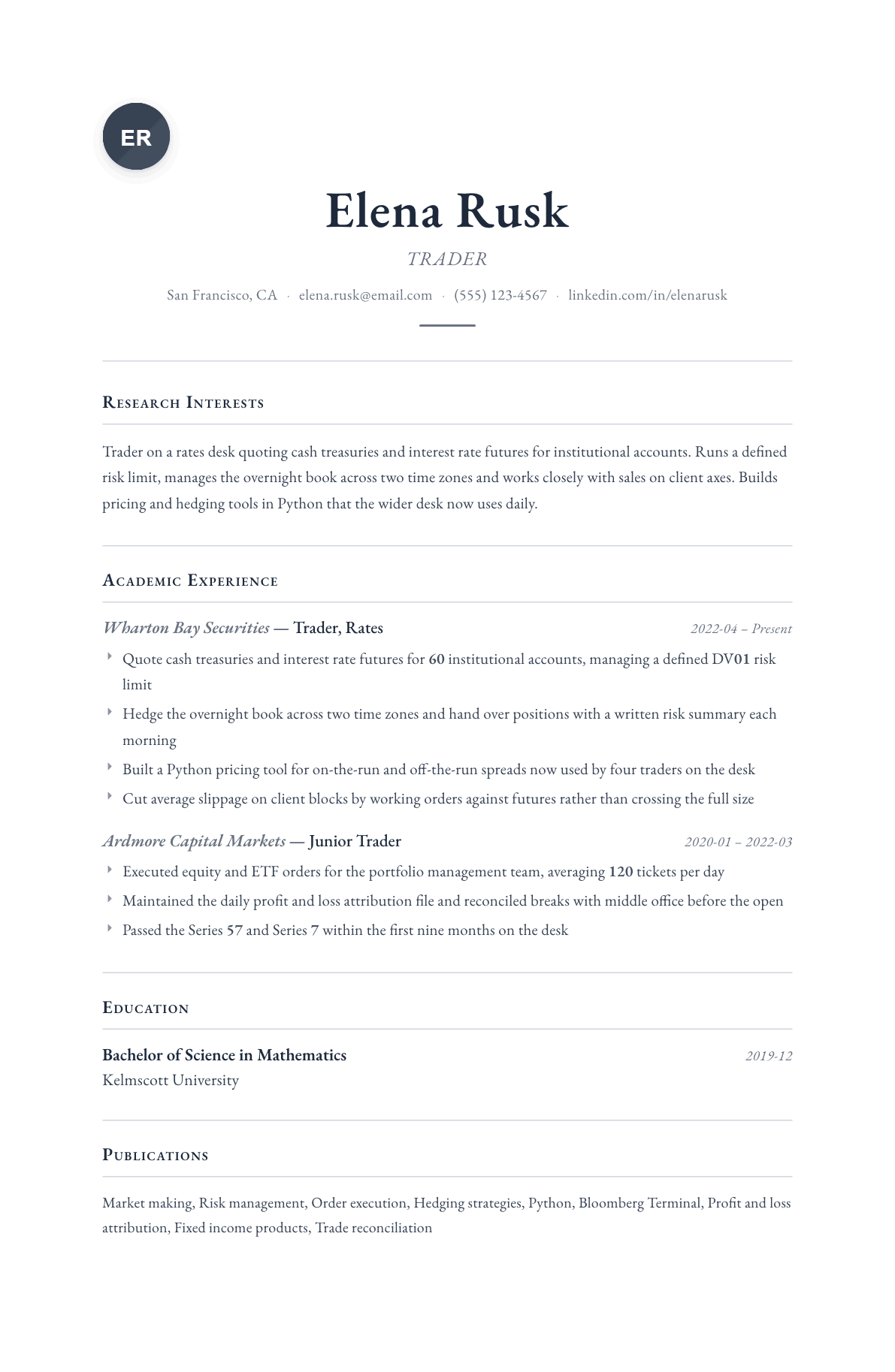 Trader resume example, Scholar template
