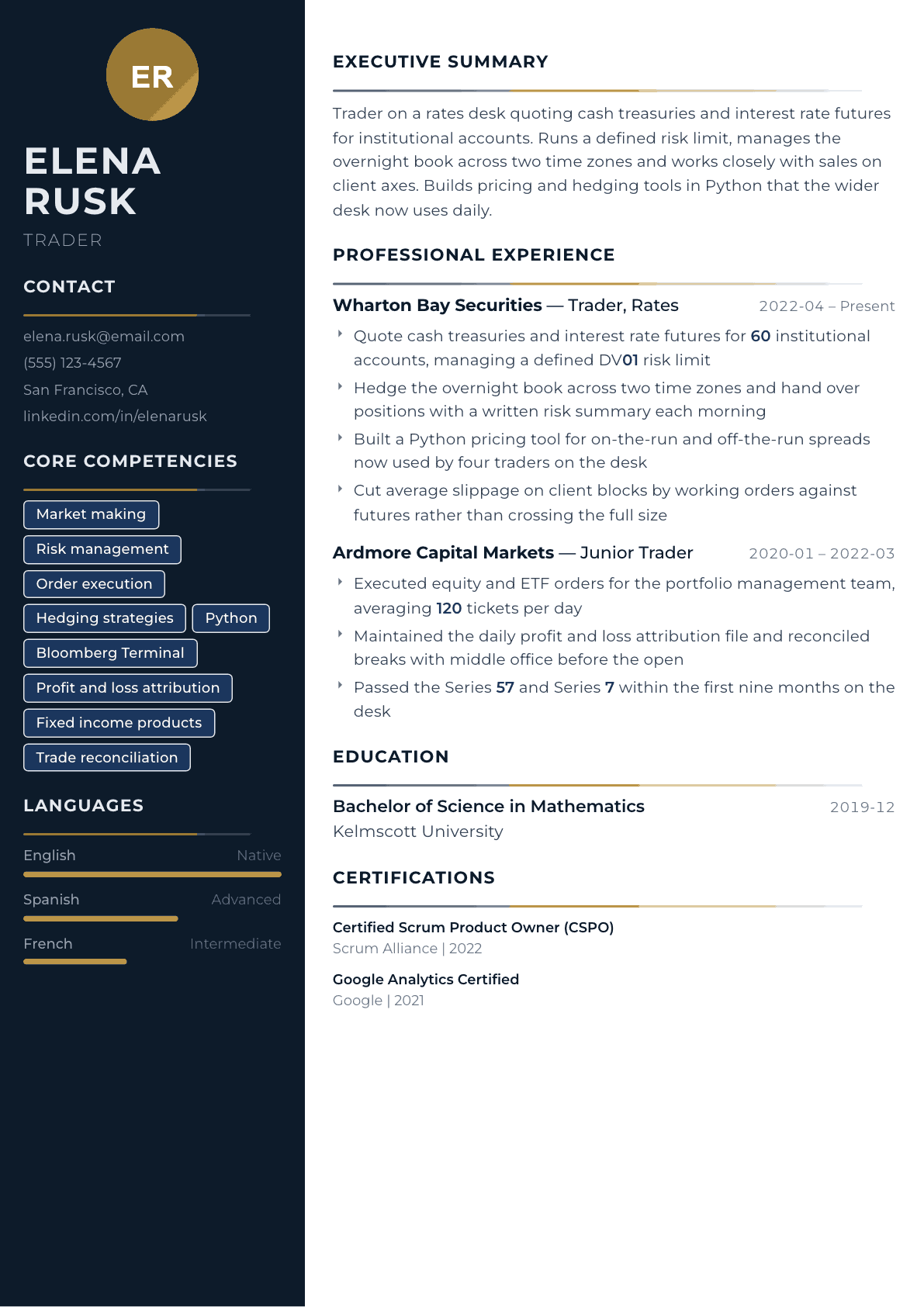 Trader resume example, Catalyst template