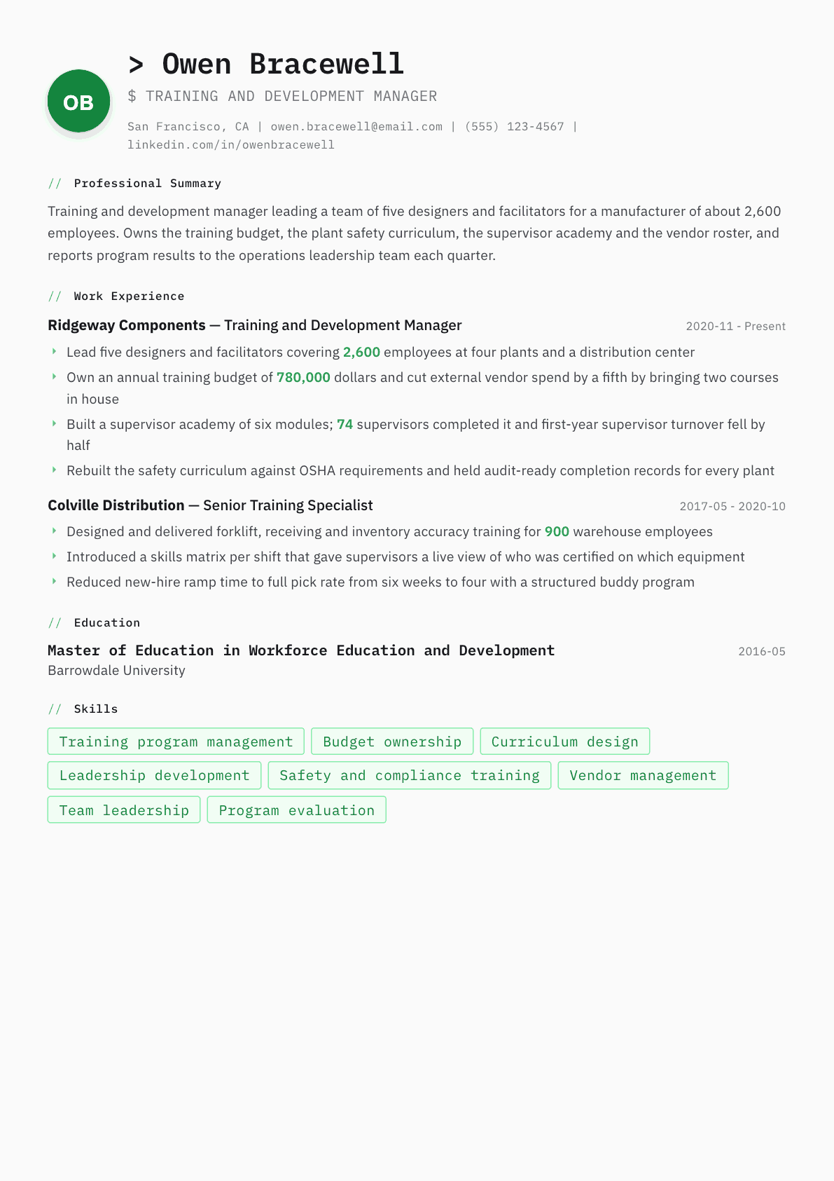 Training and Development Manager resume example, Amsterdam template