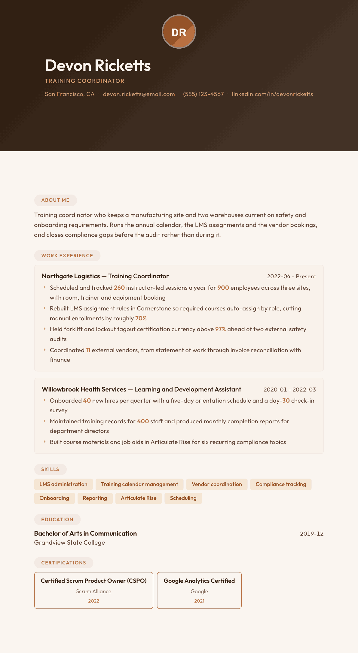 Training Coordinator resume example, Terracotta Studio template
