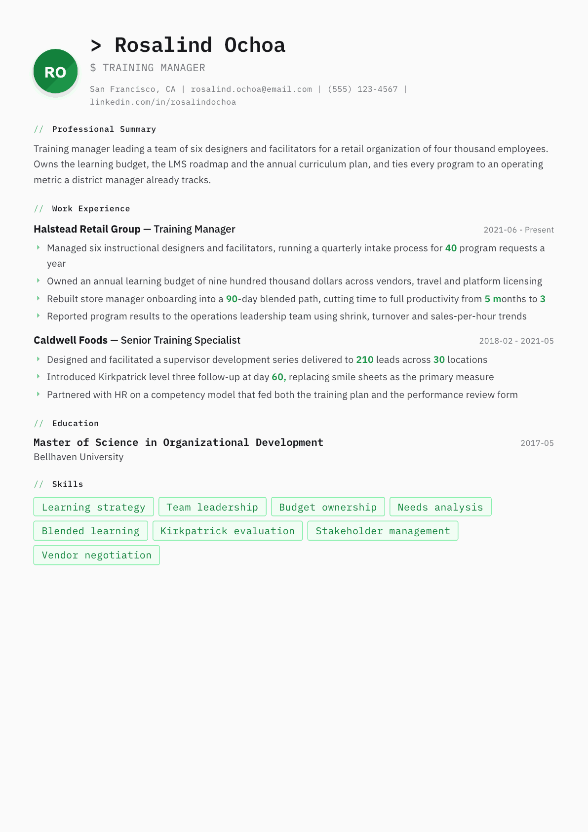 Training Manager resume example, Amsterdam template