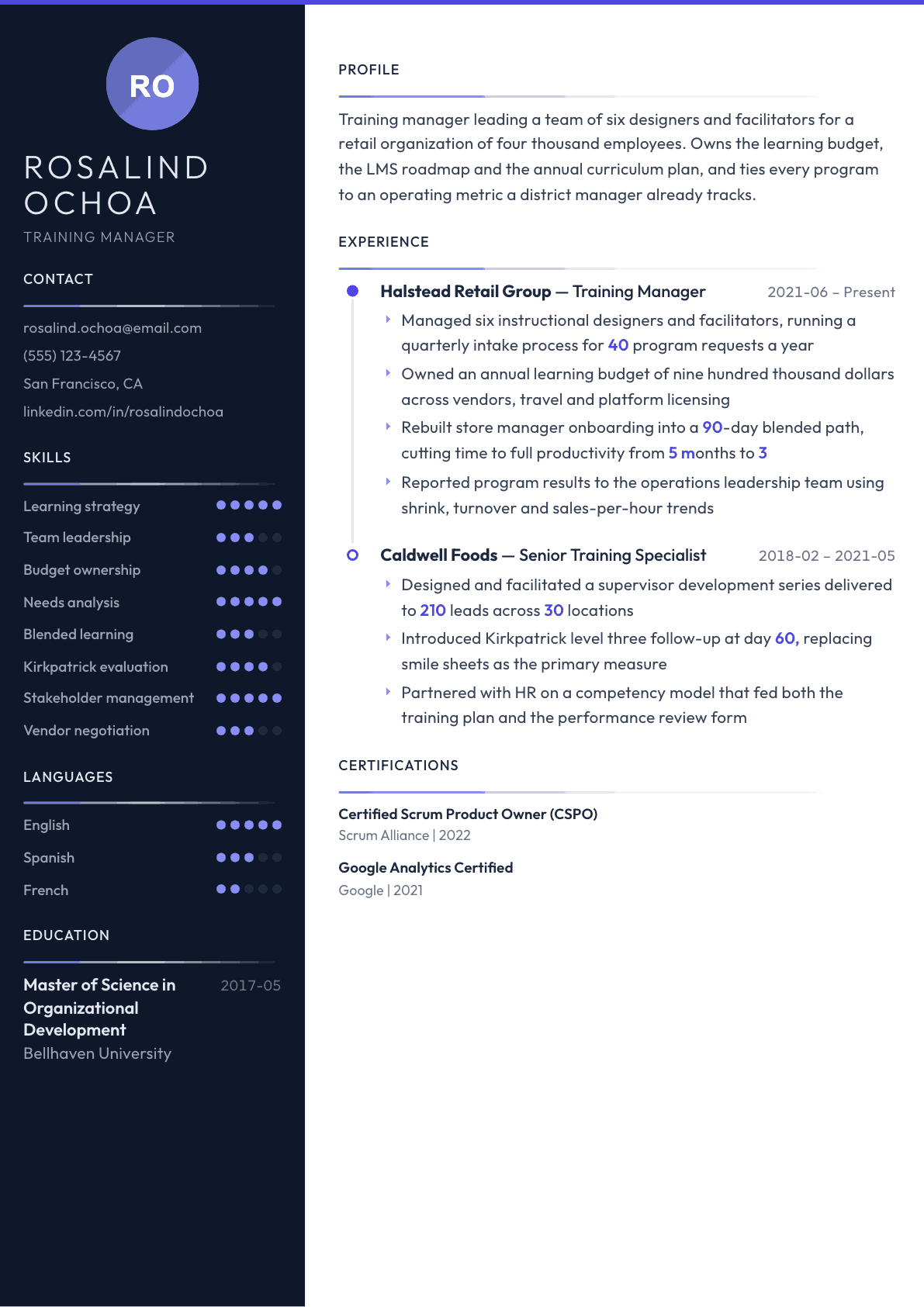 Training Manager resume example, Zenith template