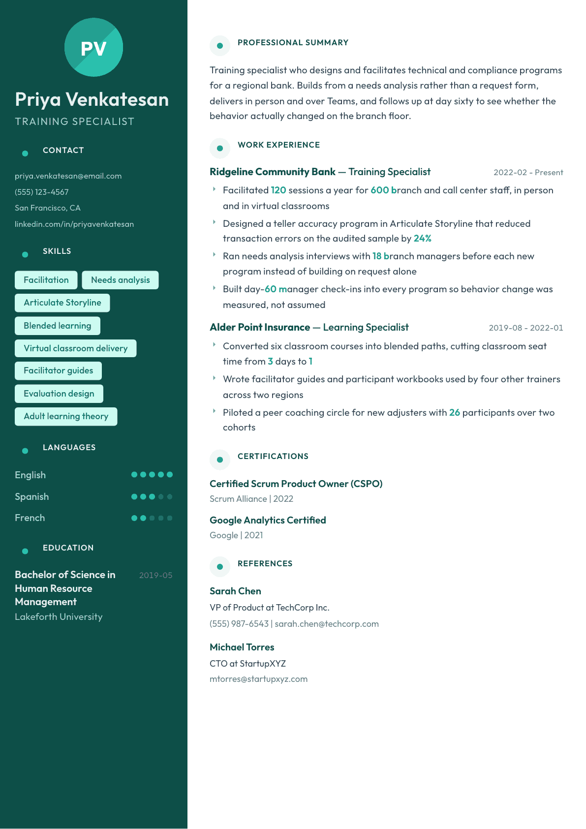Training Specialist resume example, Vienna template