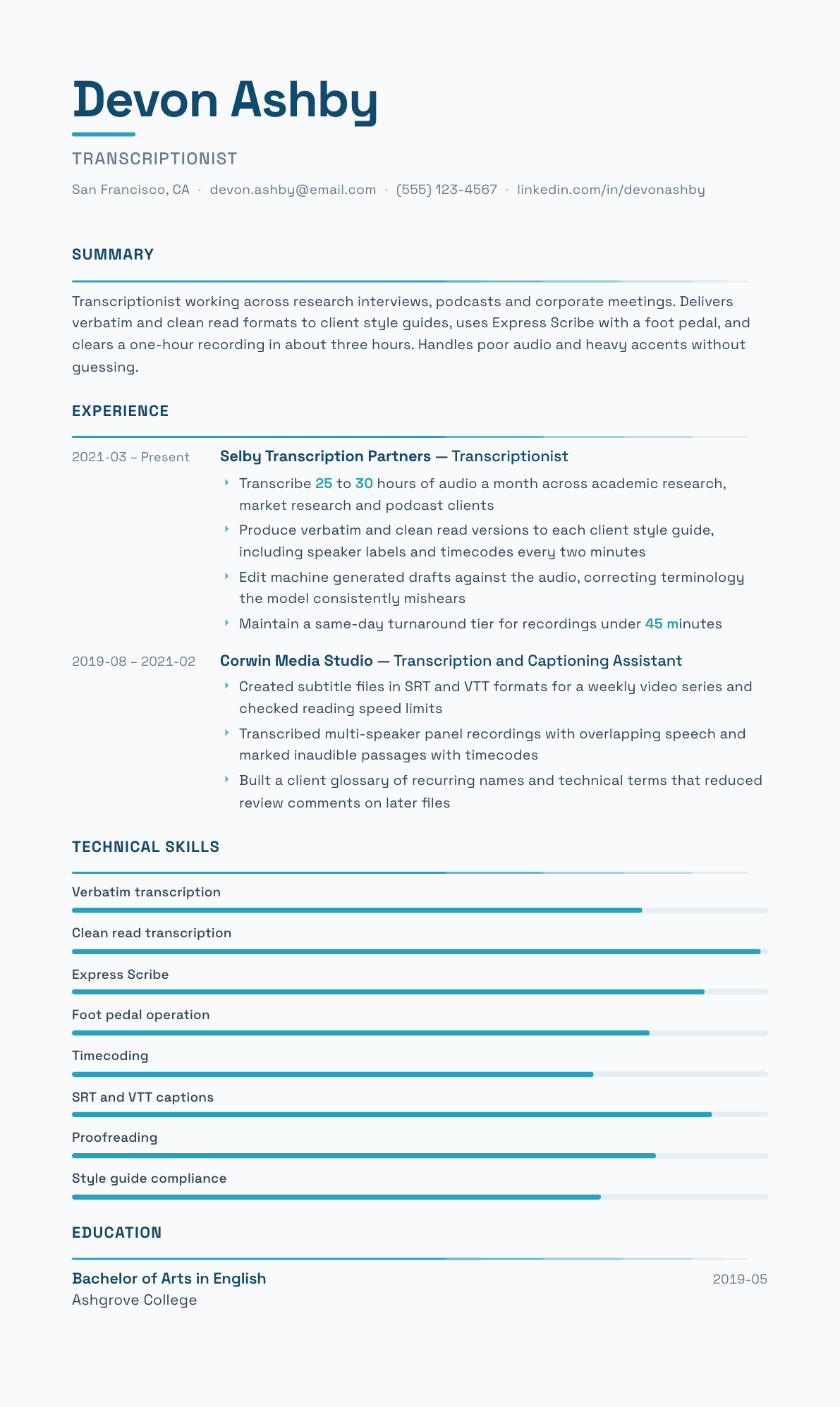 Transcriptionist resume example, Velocity template