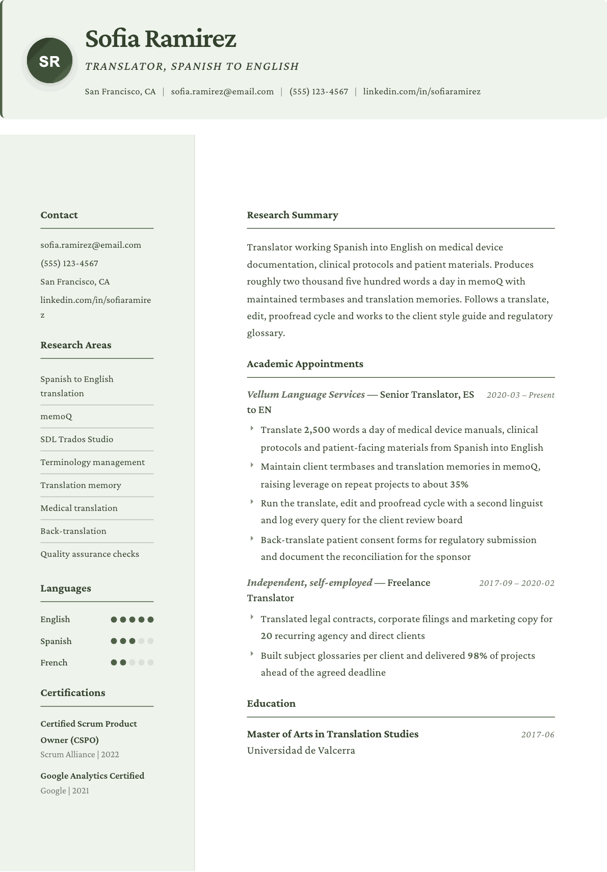 Translator resume example, Research template