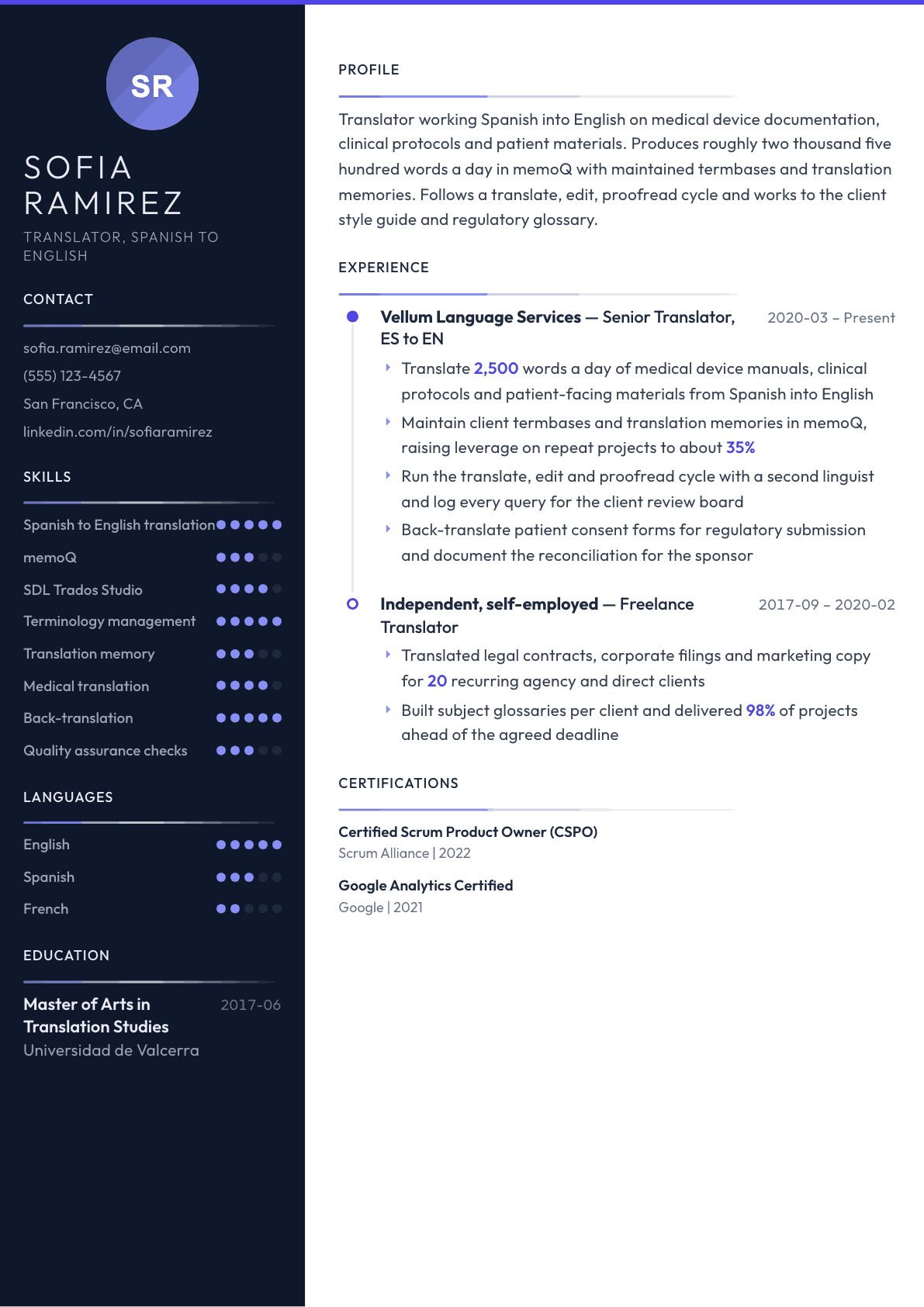 Translator resume example, Zenith template