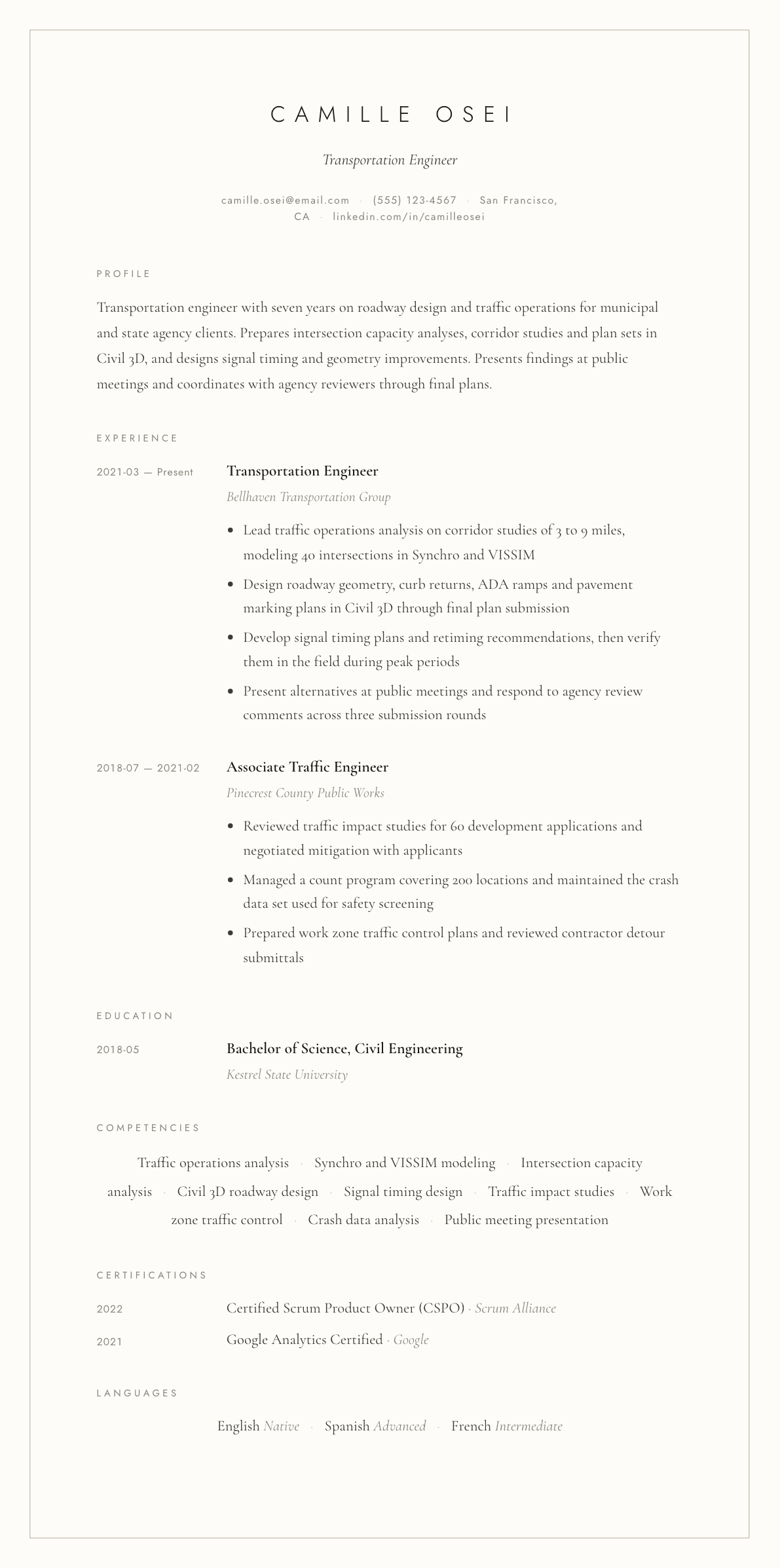 Transportation Engineer resume example, Vellum template