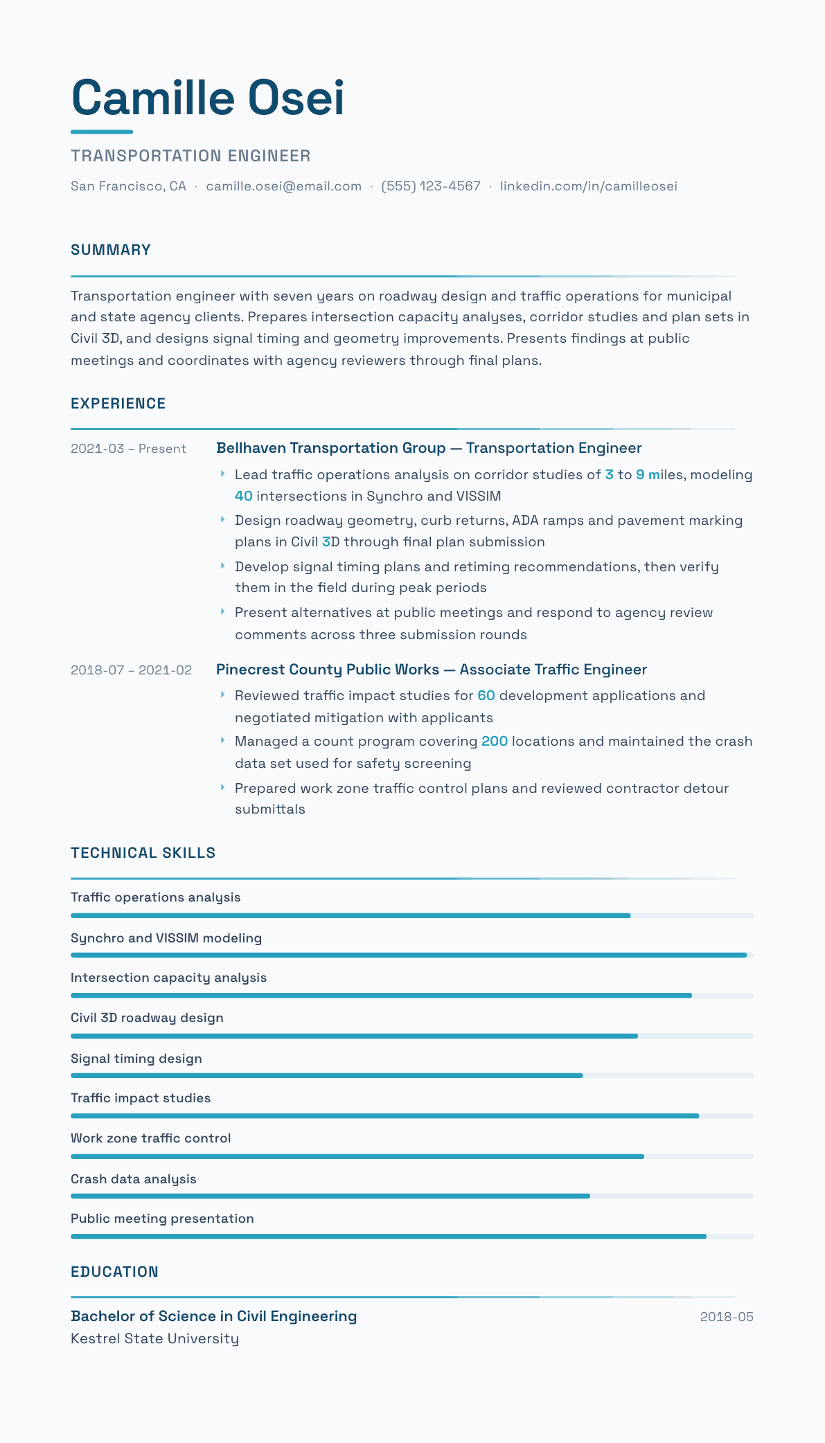 Transportation Engineer resume example, Velocity template