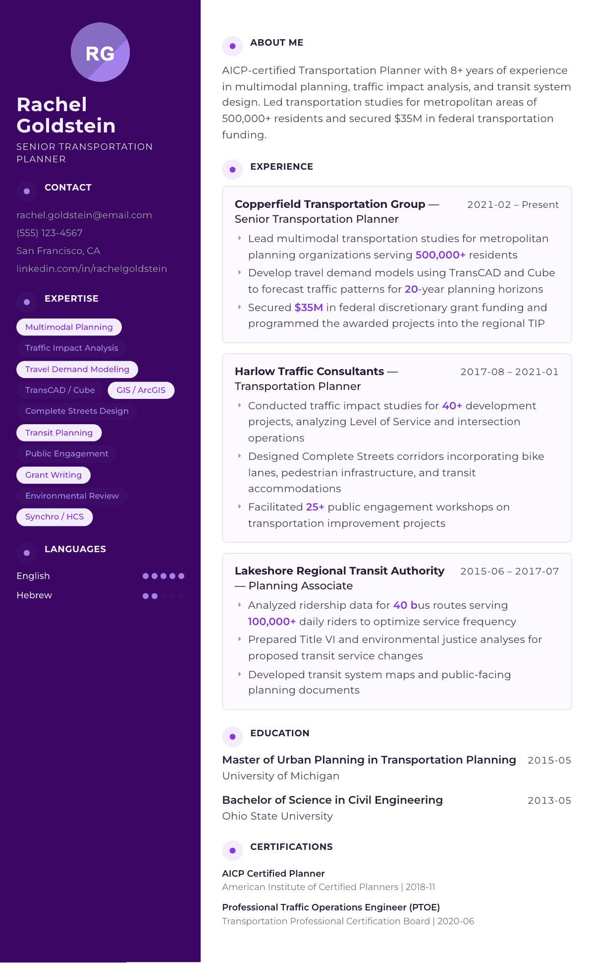 Transportation Planner resume example, Palette template