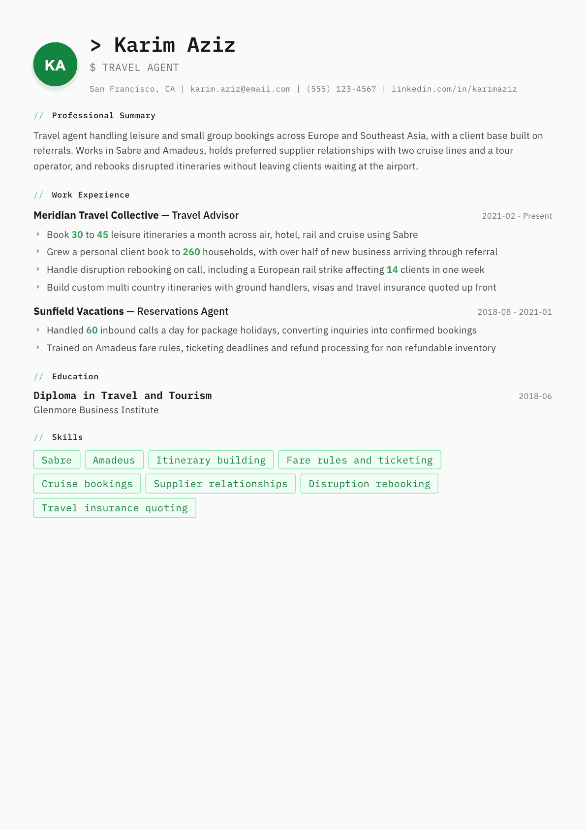 Travel Agent resume example, Amsterdam template