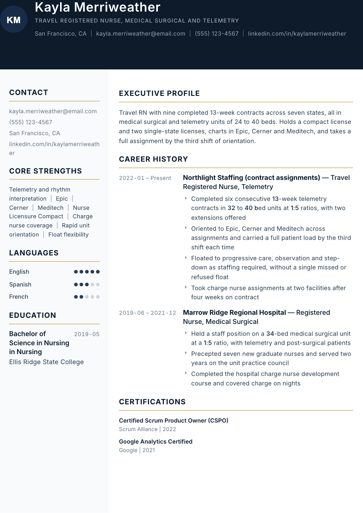 Travel Nurse resume example, Consulate template