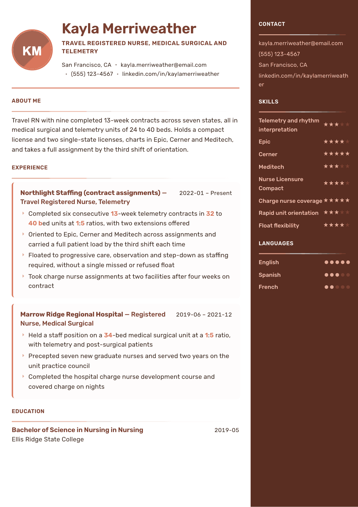 Travel Nurse resume example, Mosaic template