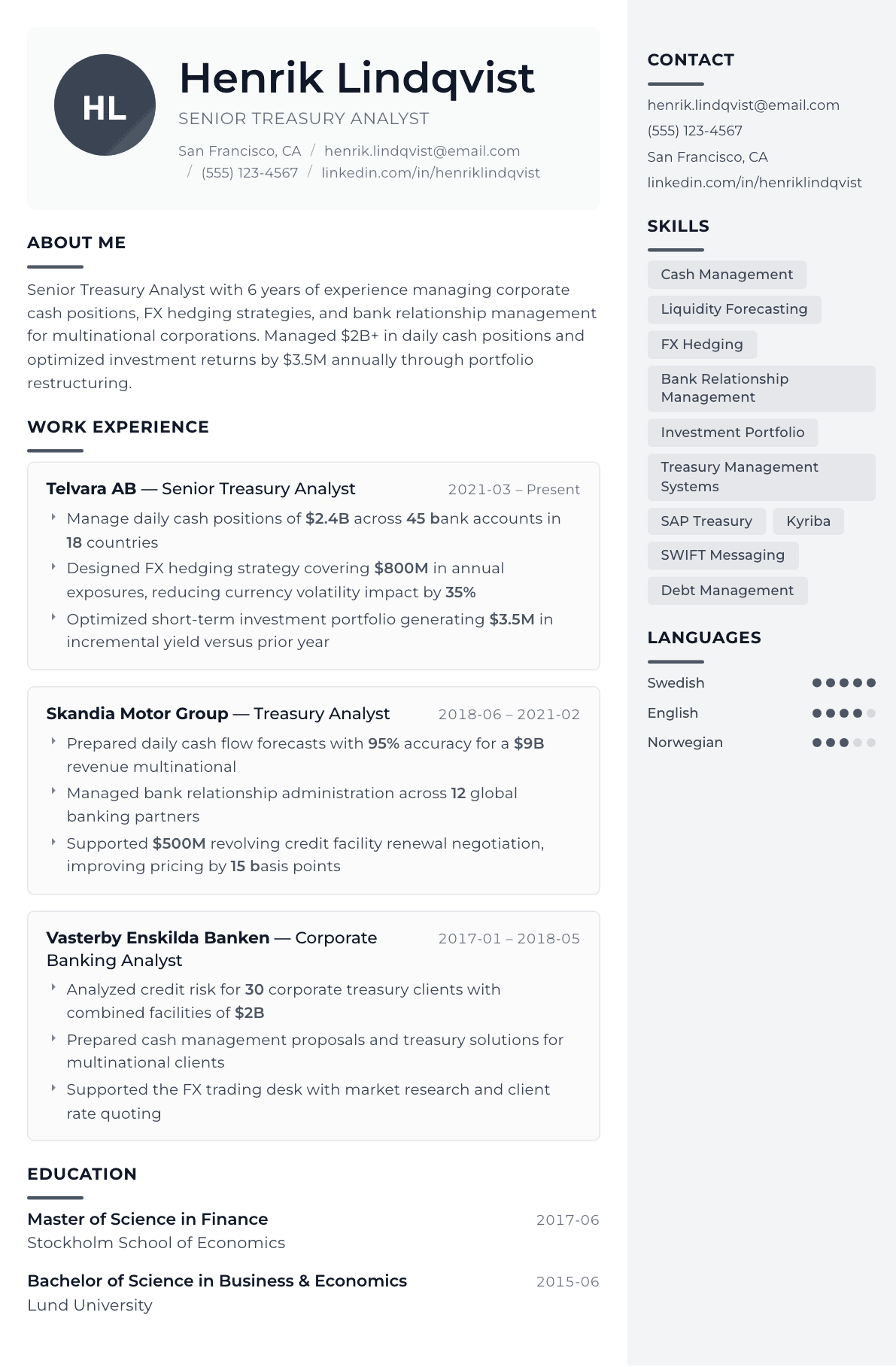 Treasury Analyst resume example, Metropolitan template