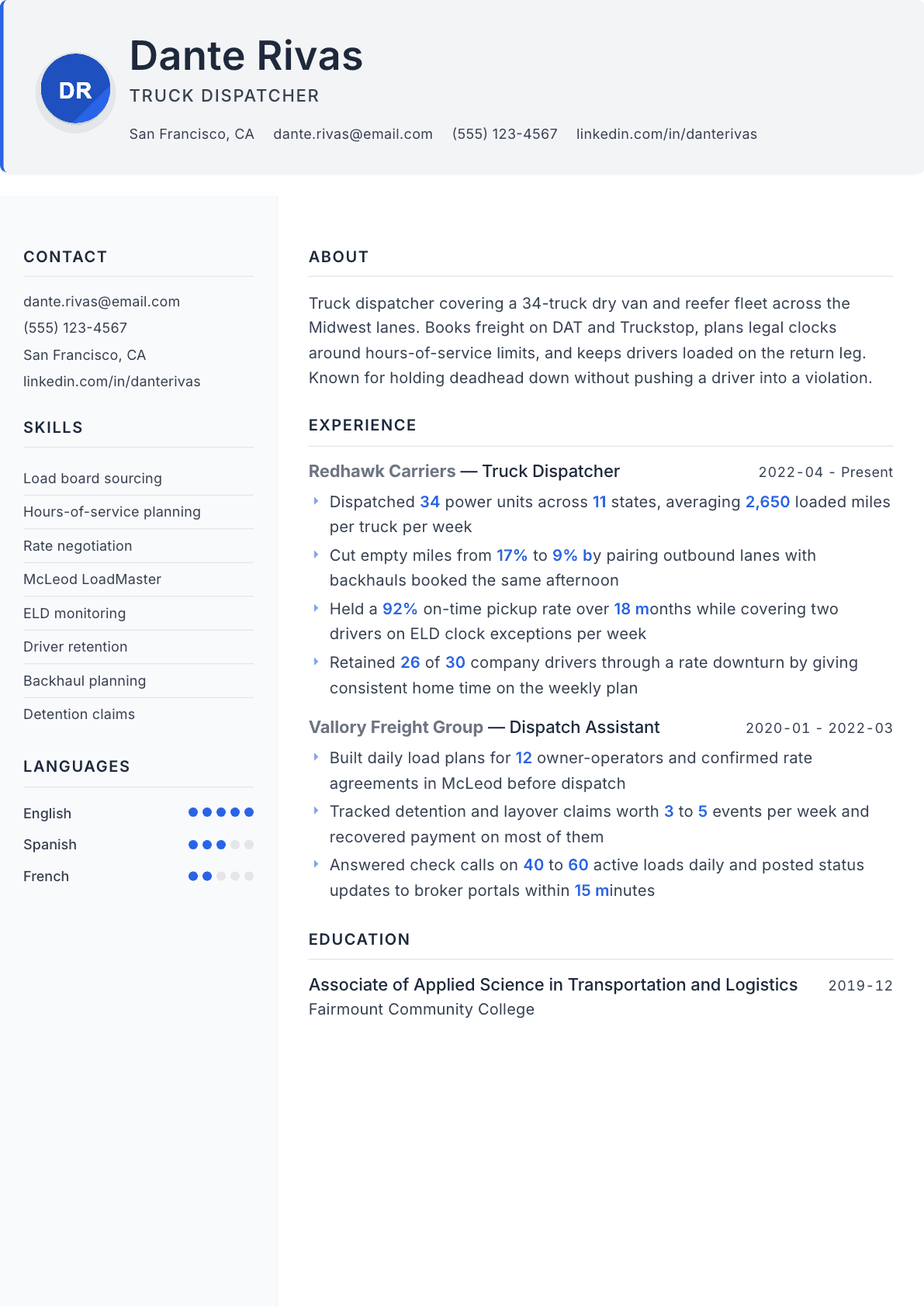 Truck Dispatcher resume example, Paper template