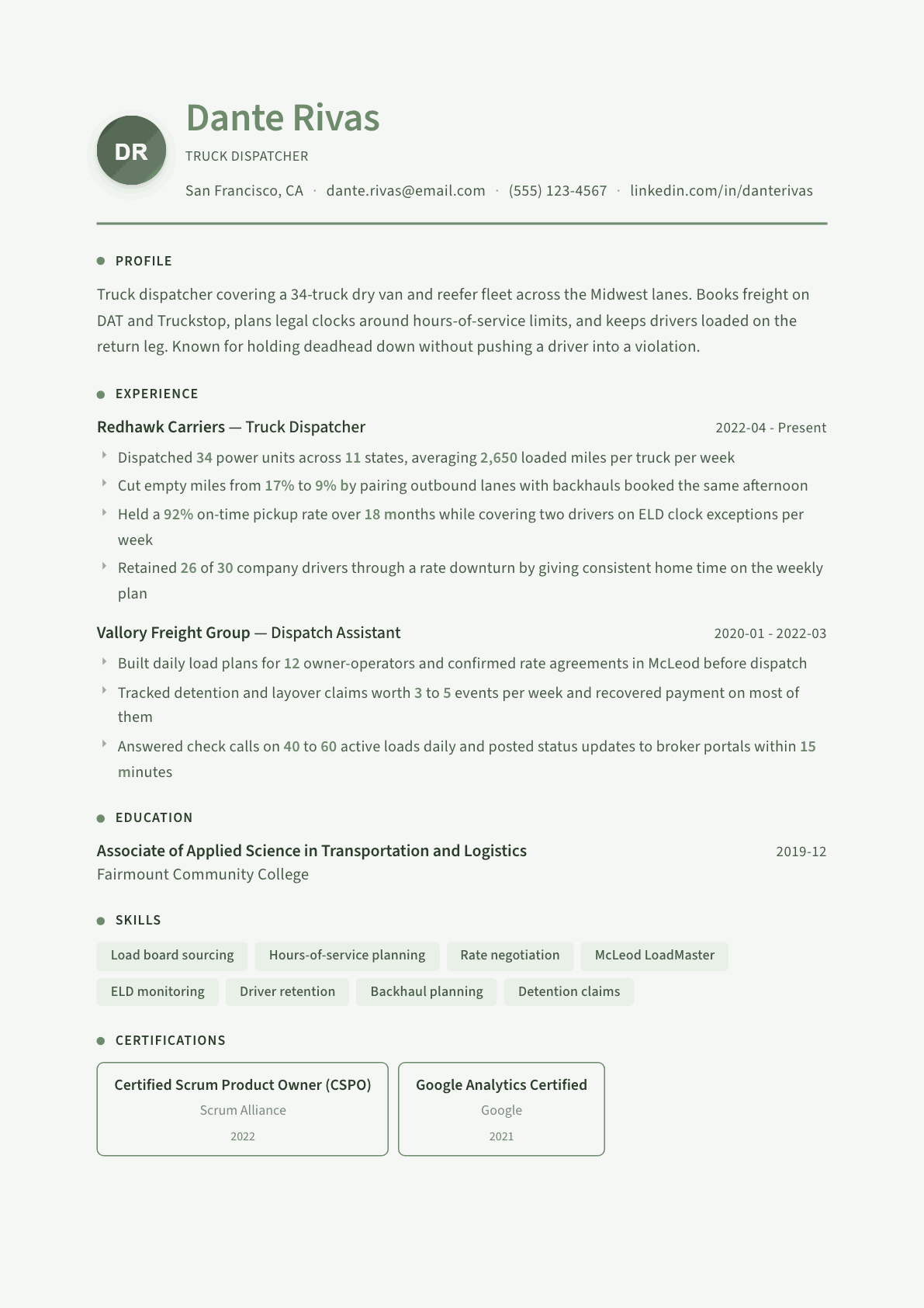 Truck Dispatcher resume example, Sage Garden template
