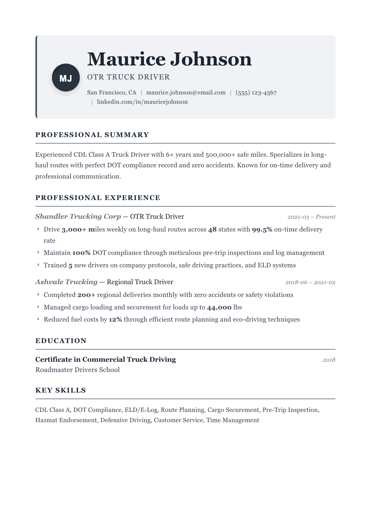 Truck Driver resume example, Traditional template