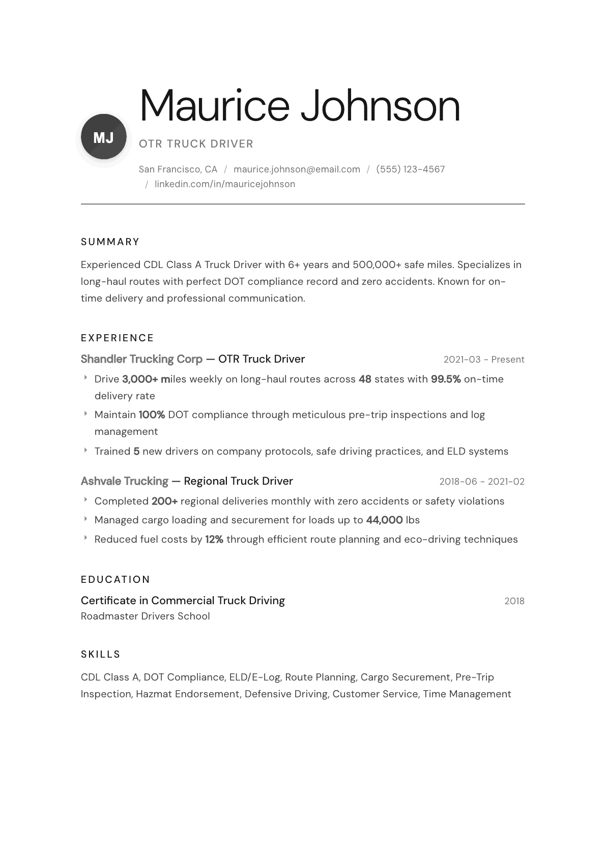 Truck Driver resume example, Whisper template