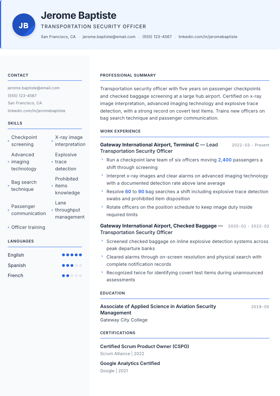 TSA Officer resume example, Geneva template