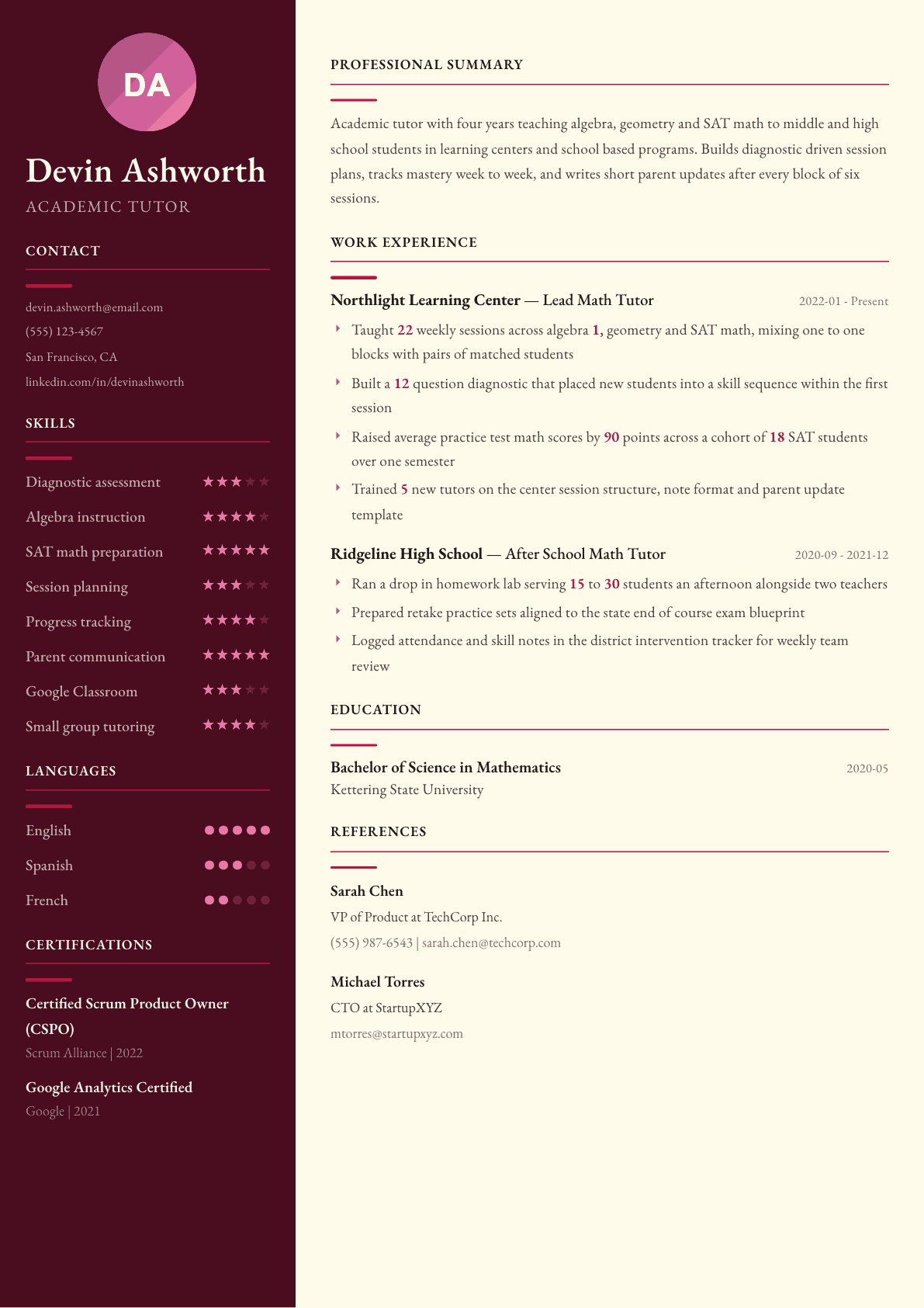 Tutor resume example, Dubai template