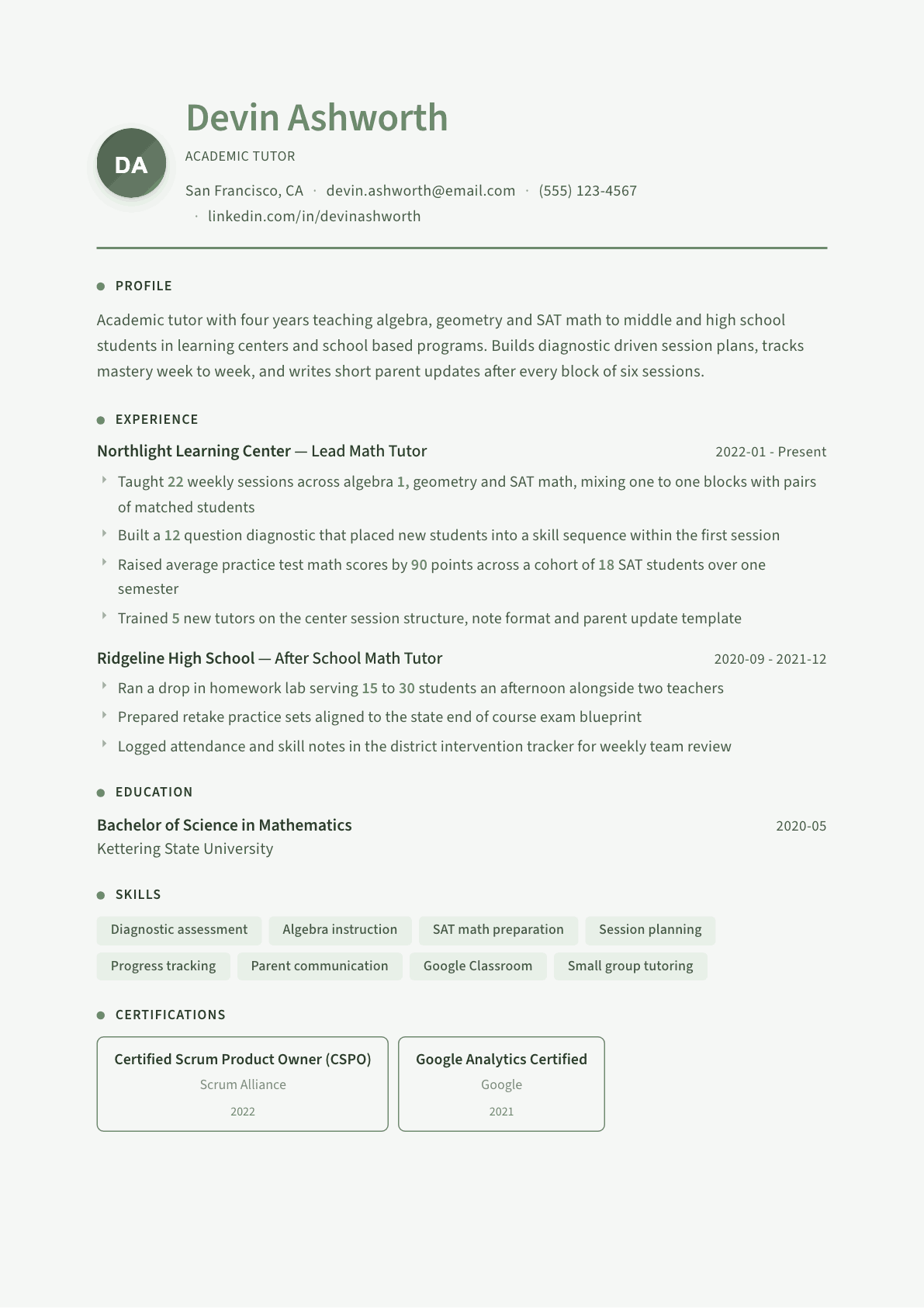 Tutor resume example, Sage Garden template