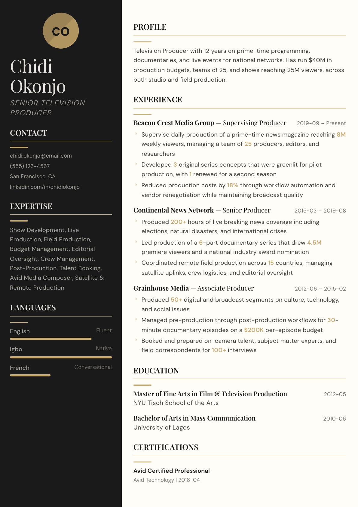 TV Producer resume example, Obsidian template