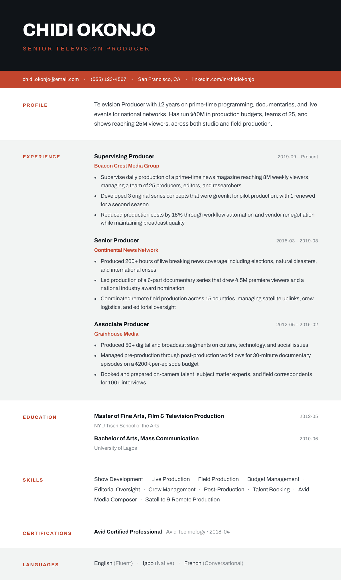 TV Producer resume example, Strata template