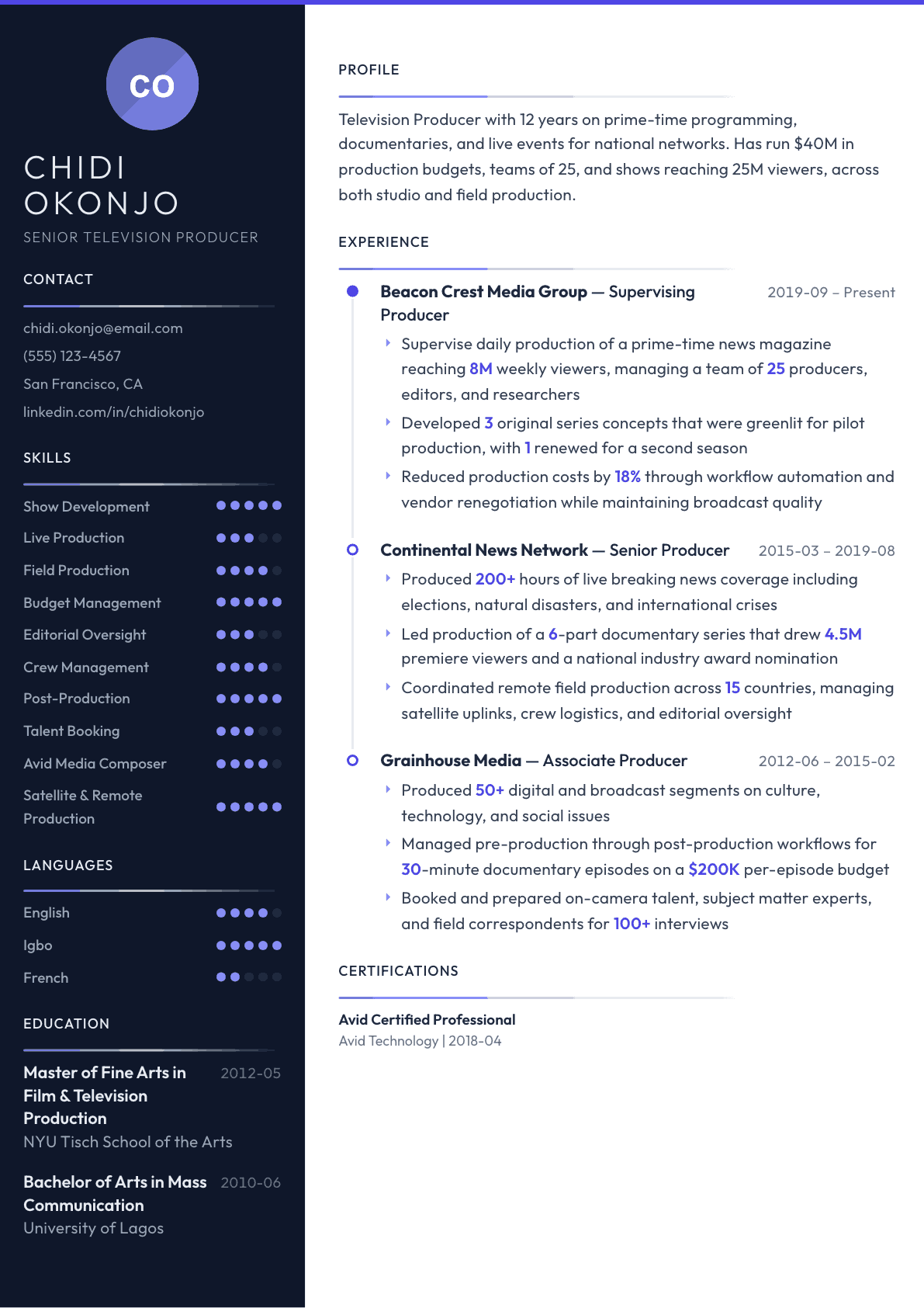 TV Producer resume example, Zenith template