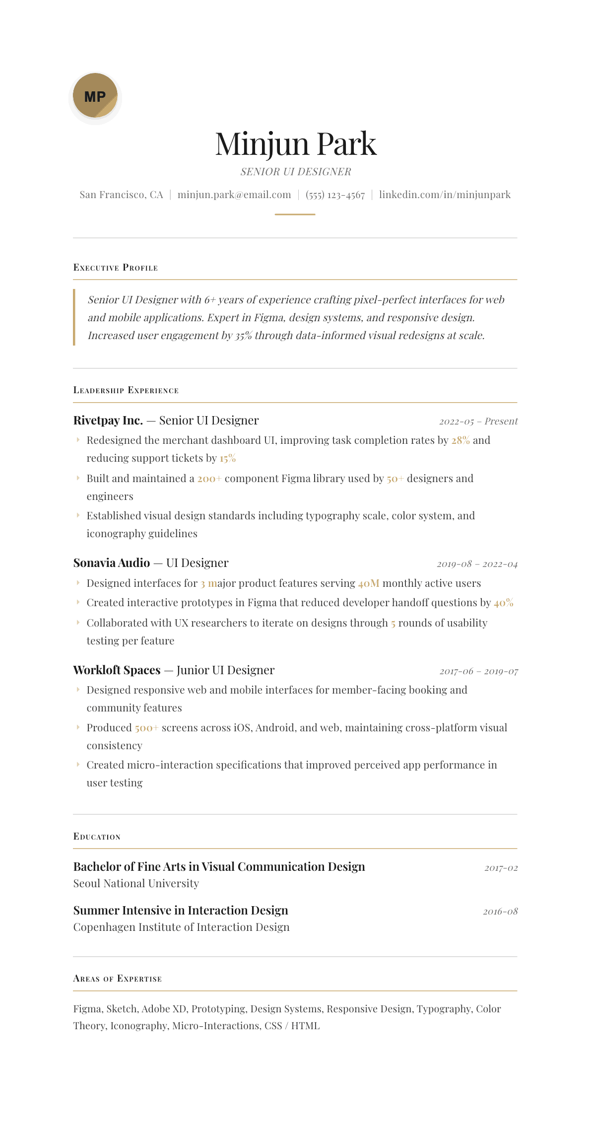 UI Designer resume example, Chancellor template
